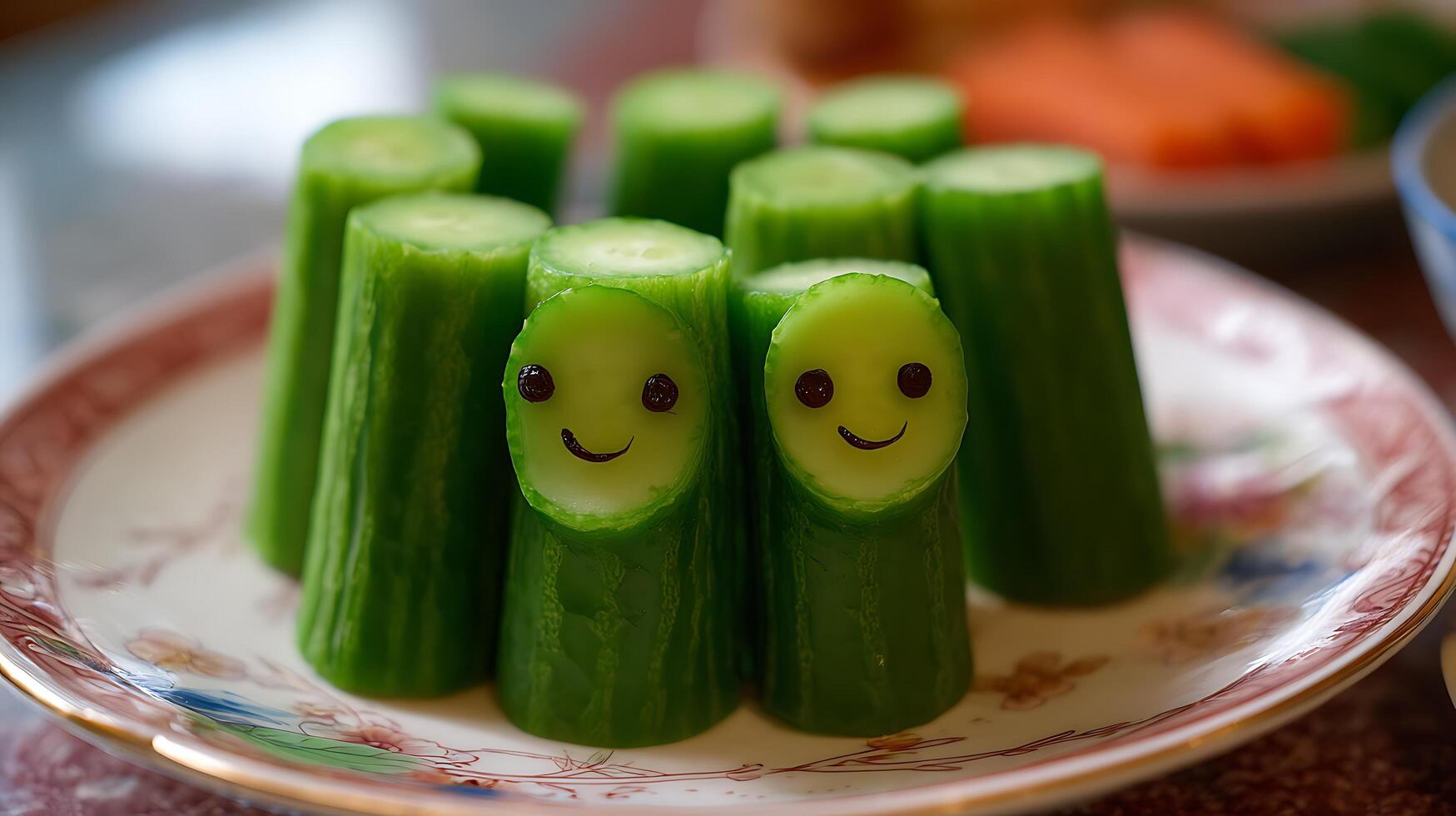 Cute Cucumber Faces Smiling on a Pretty Plate photo