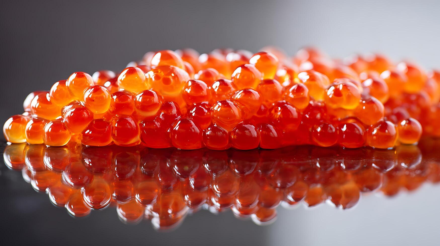 Close Up of Vibrant Red Caviar Pearls on a Reflective Surface. photo