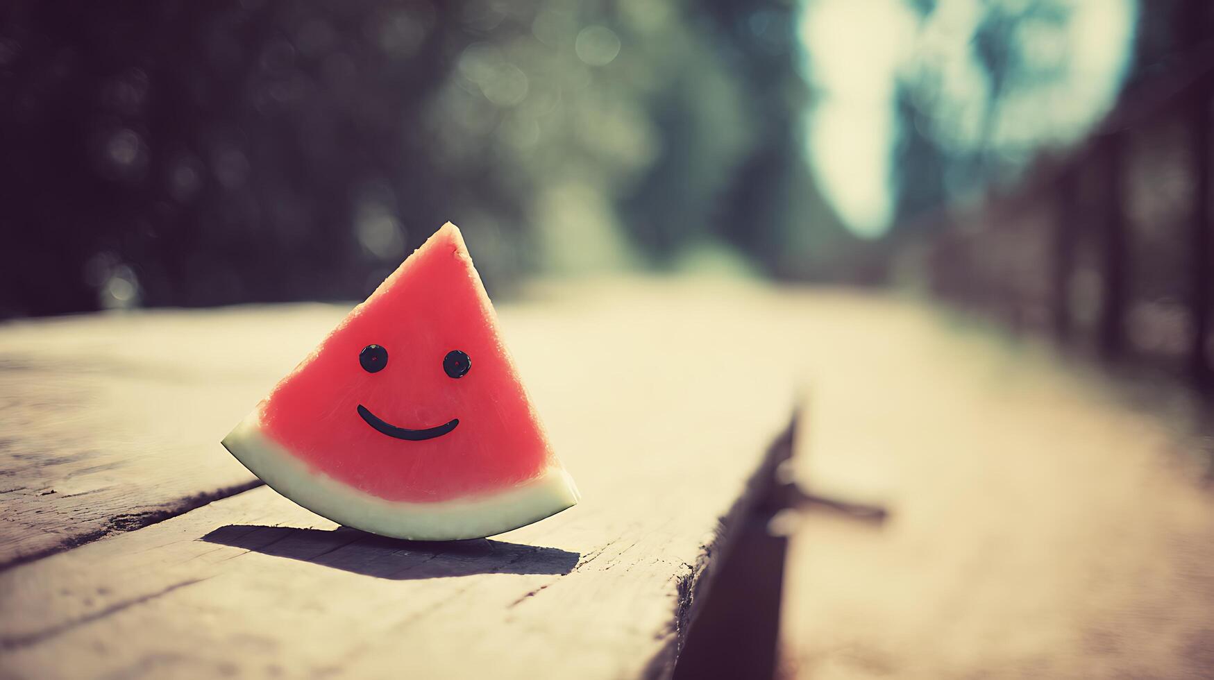 Happy Slice of Watermelon With a Smiling Face on a Wooden Surface. photo