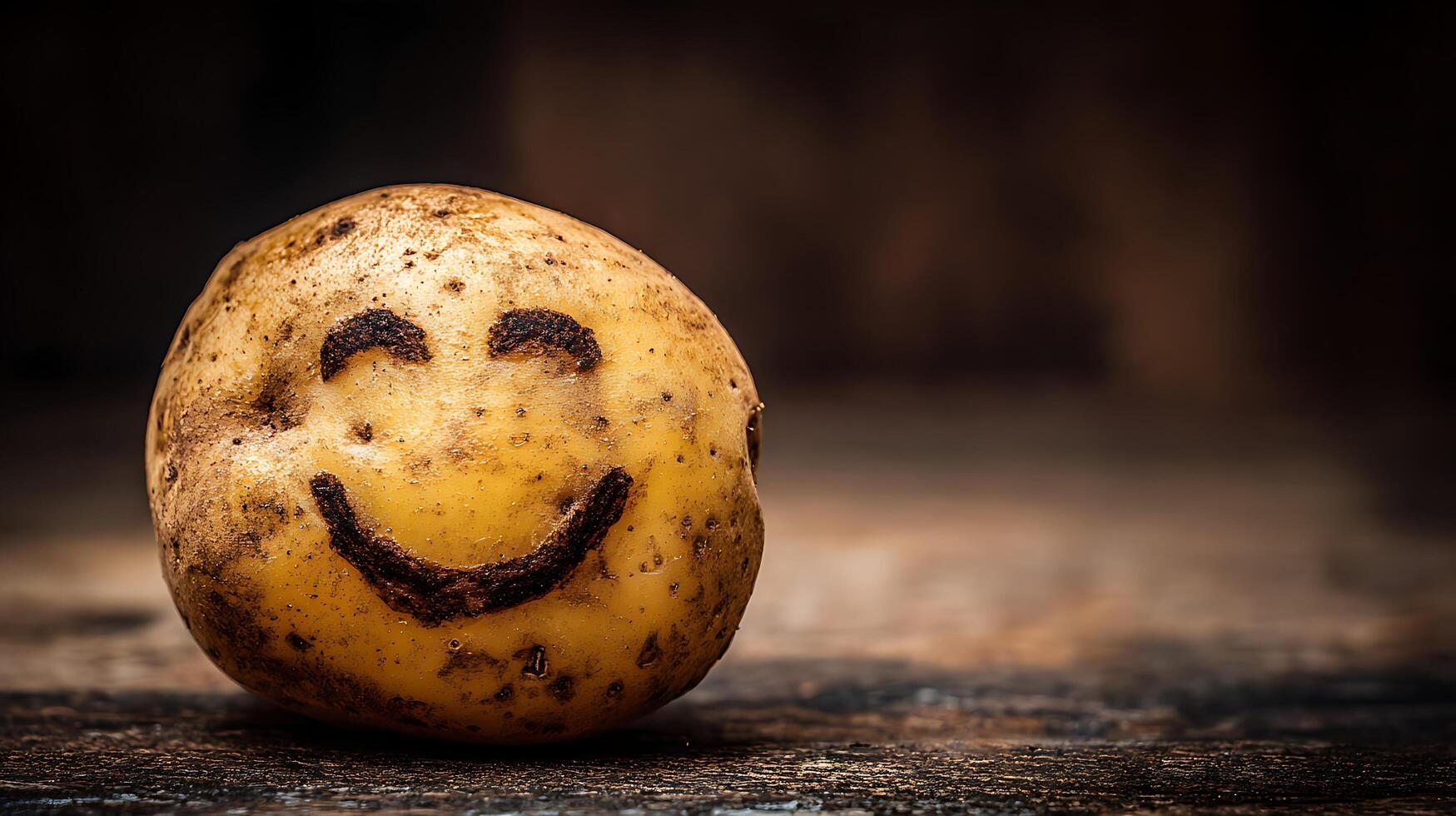 Happy Potato Friend with a Smiley Face on Rustic Wood Surface. photo