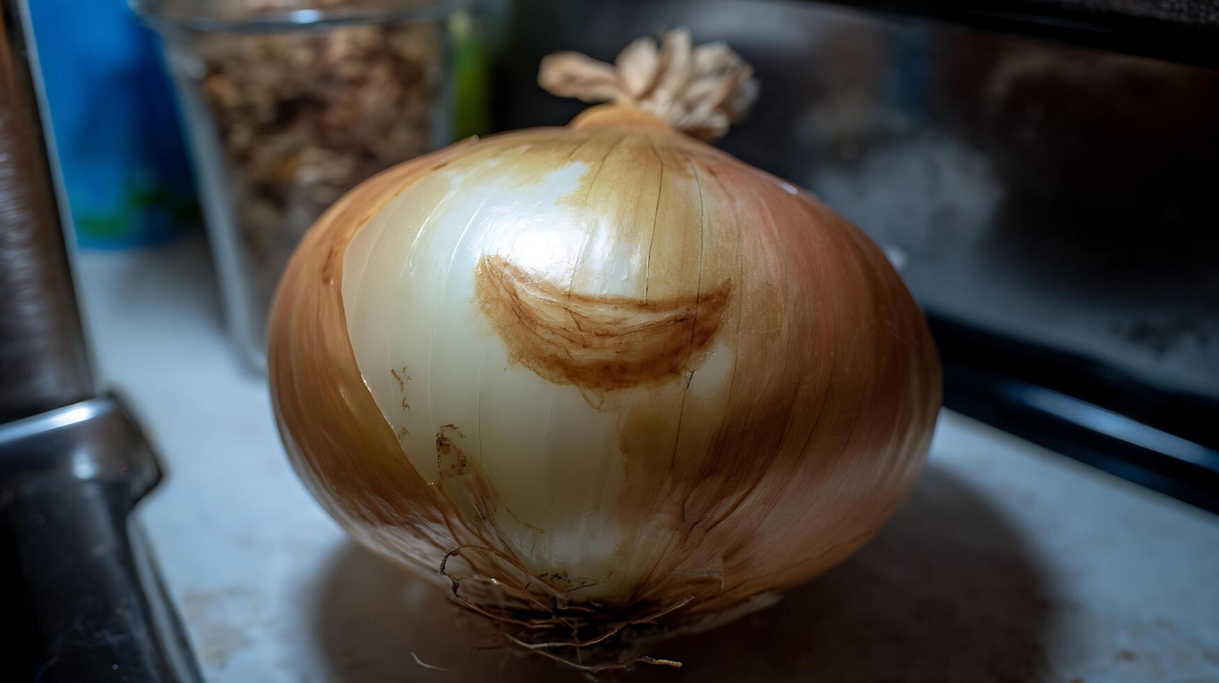Close up of a fresh onion with visible skin layers and roots. photo