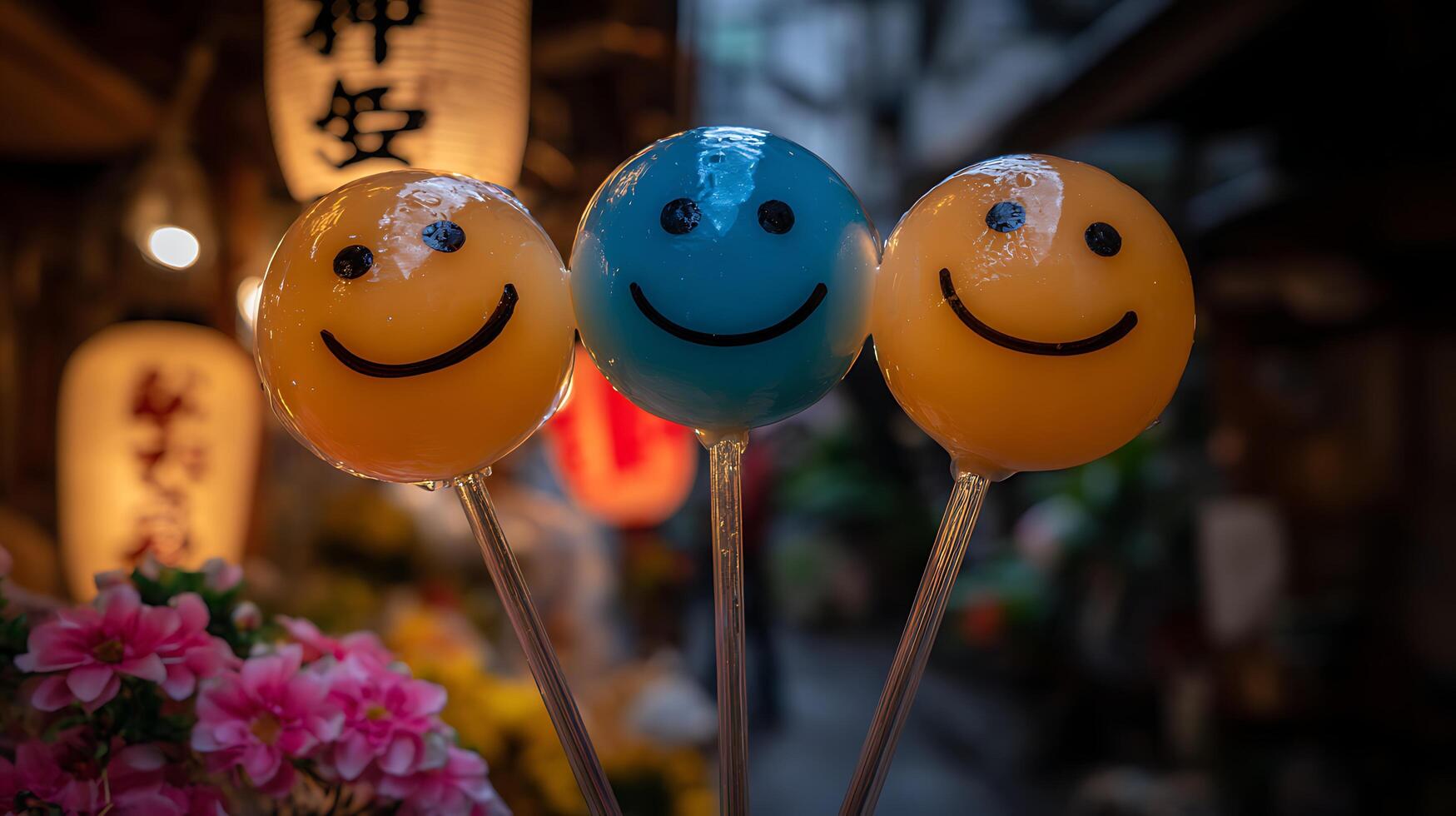Three happy smiley face lollipops in the sun with blurred background. photo