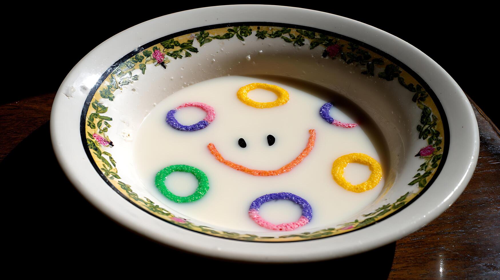 Smiling cereal bowl with colorful rings and milk. photo