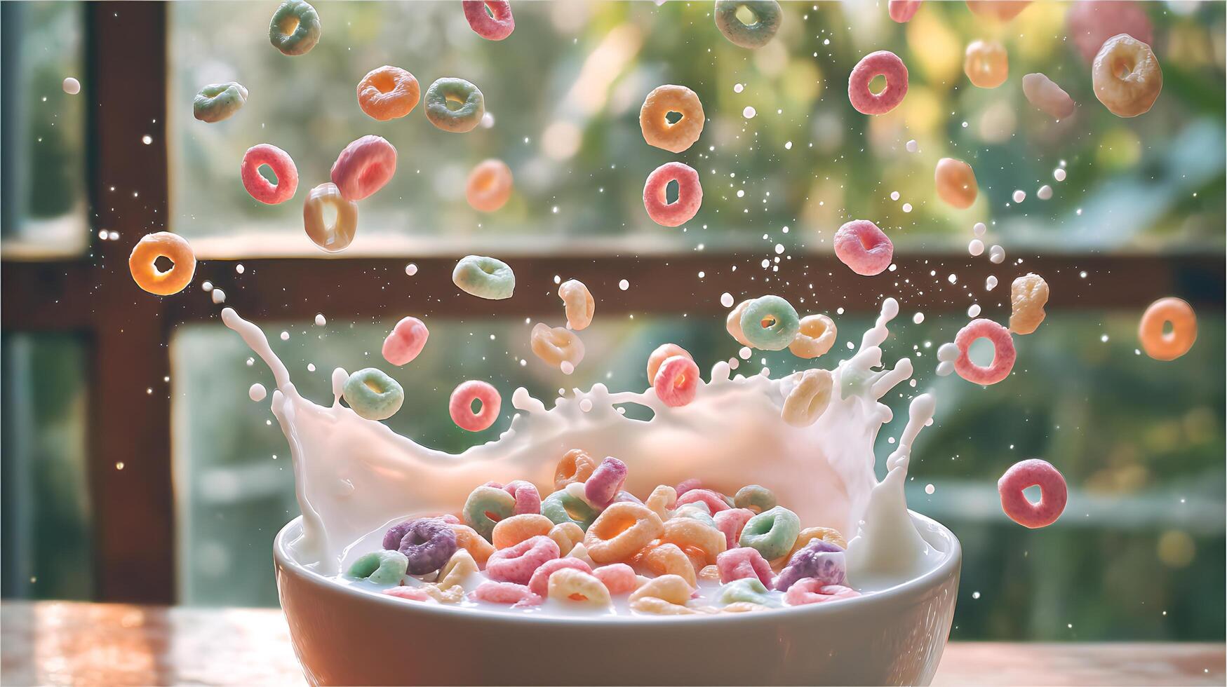 Colorful Cereal Splash in Milk Creating a Fun Breakfast Moment. photo