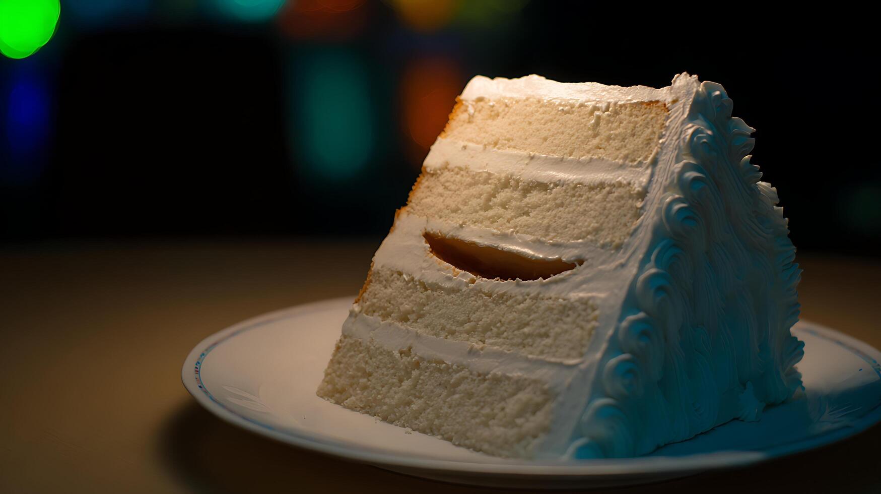 Slice of Creamy White Cake with Caramel Filling on a Plate. photo