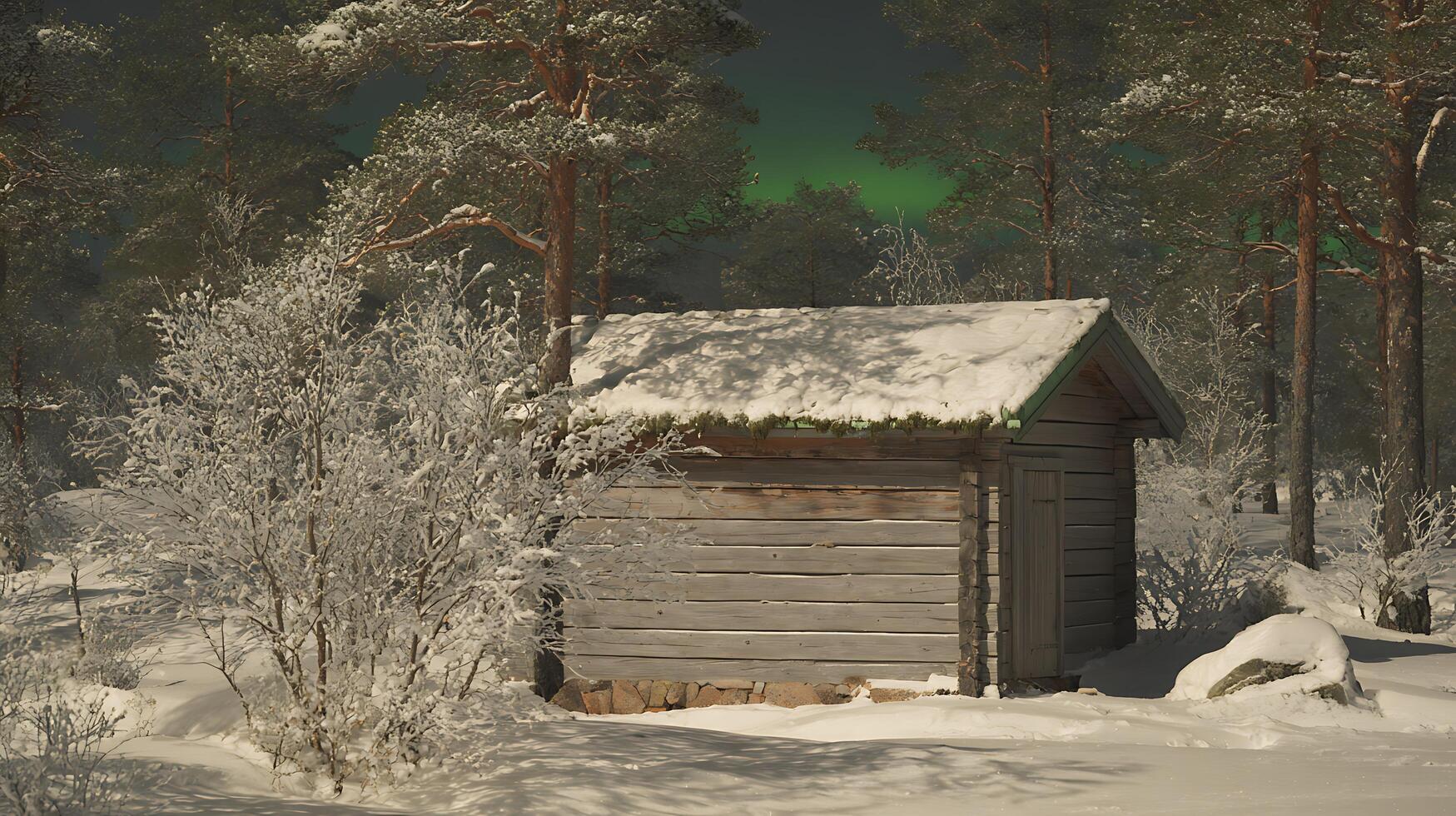 Cozy Snow Covered Cabin Nestled Among Pine Trees Under Northern Lights. photo