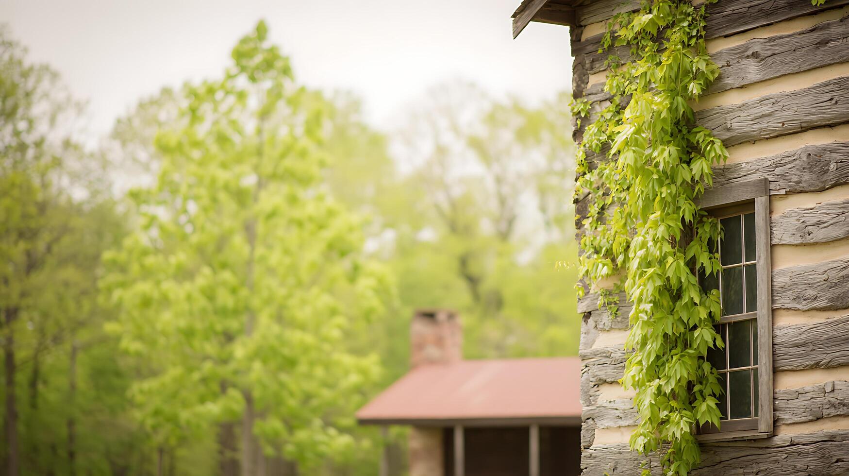 Rustic Log Cabin Window Overgrown with Vibrant Green Ivy in Spring. photo