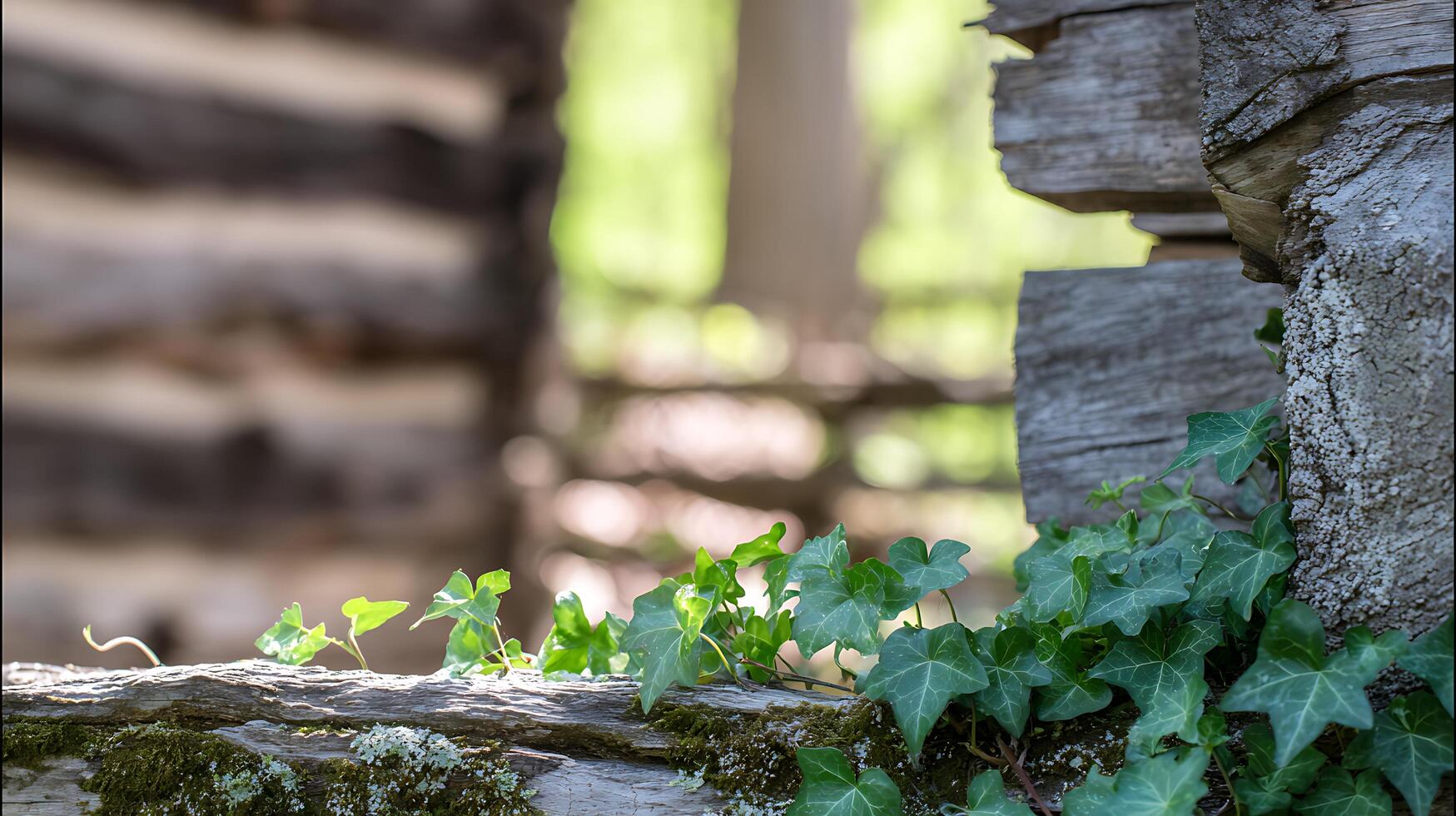 Close up of ivy growing on rustic weathered wood fence with soft bokeh background. photo