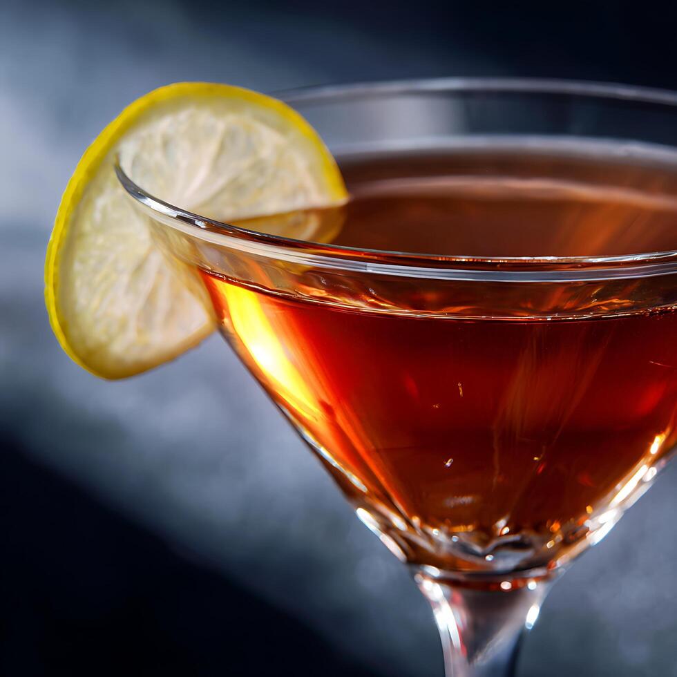 Close up of a refreshing amber cocktail with a lemon slice. photo