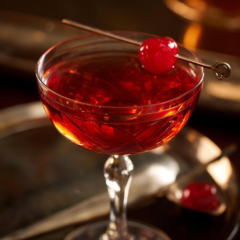 Classic Red Cocktail Garnished with a Bright Cherry on a Skewer photo