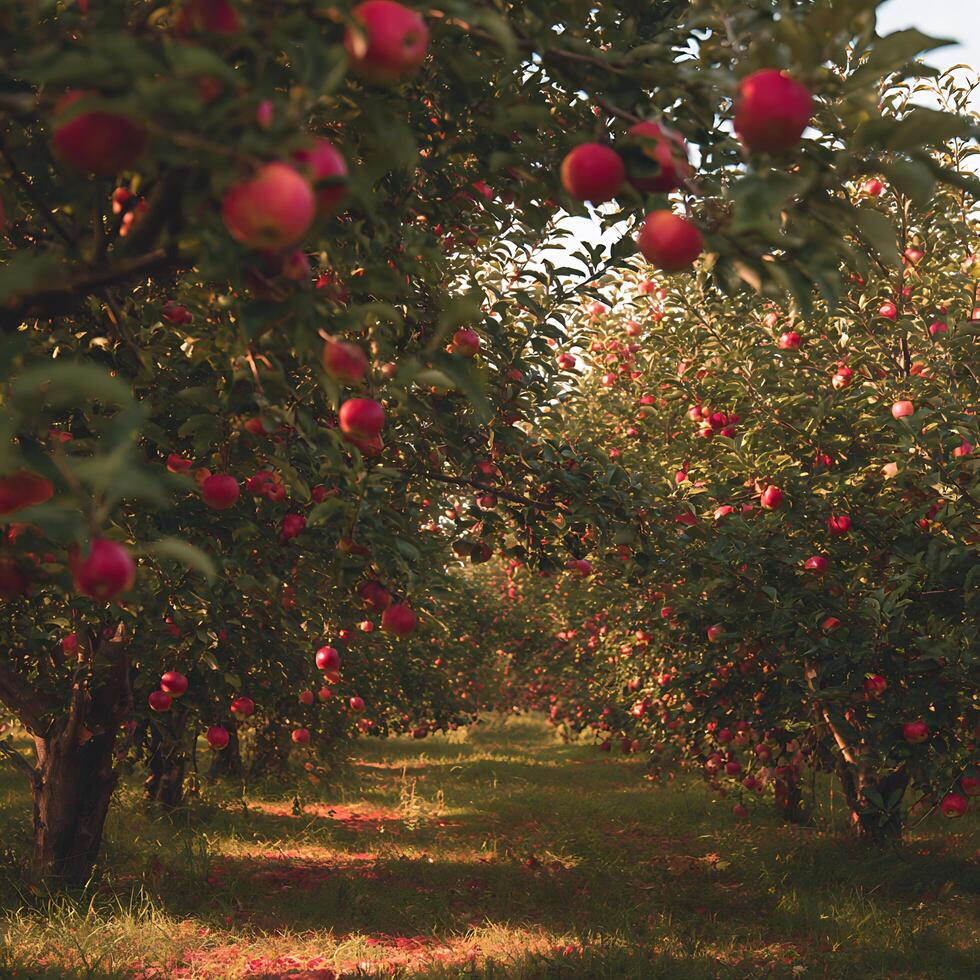 Ripe red apples hanging from branches in a sunny orchard. photo