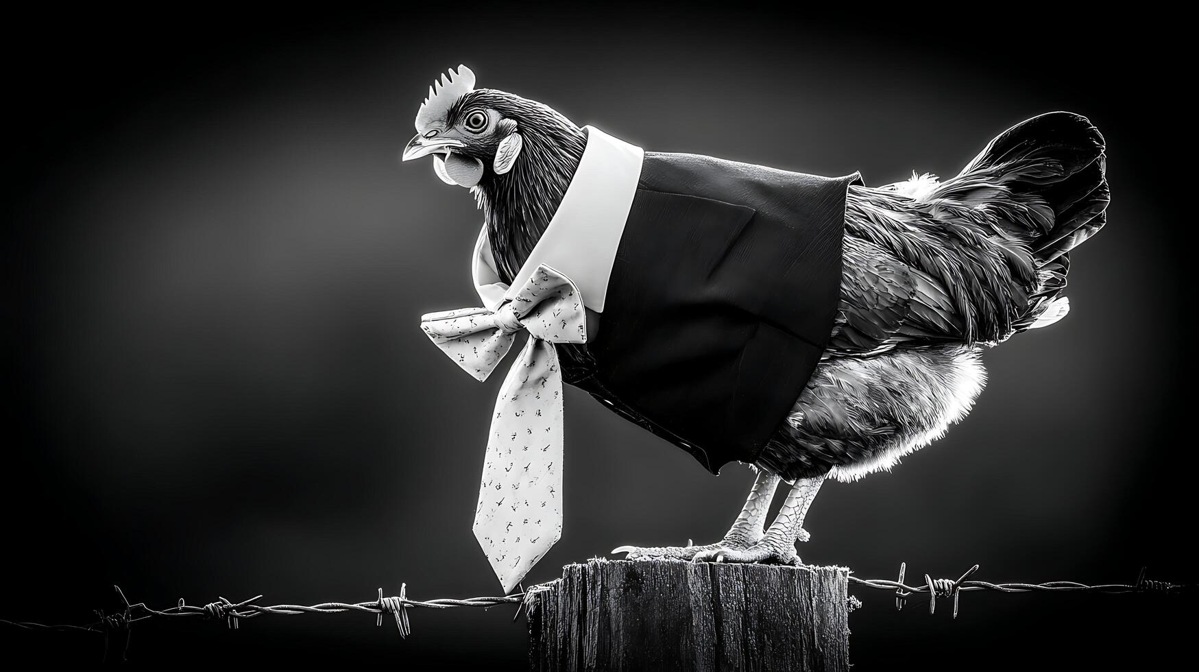 A Dressed Up Chicken Standing On a Post With Barbed Wire. photo