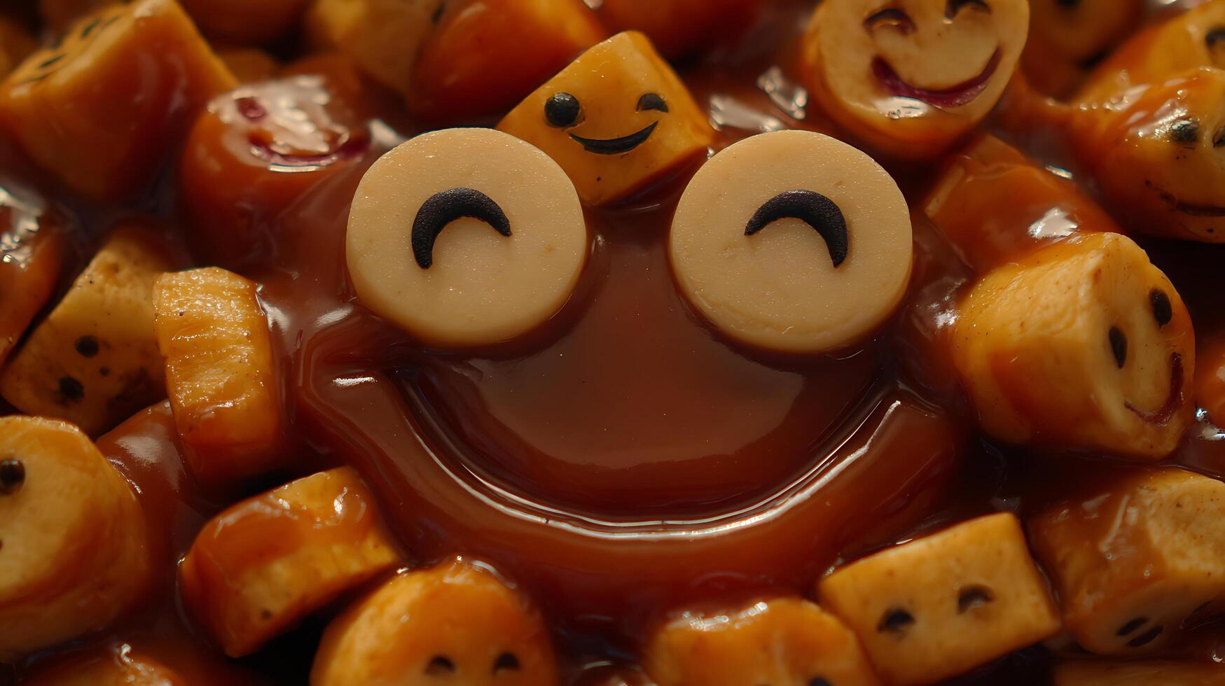 Sweet and Smiling Food Faces Covered in Rich Caramel Sauce. photo