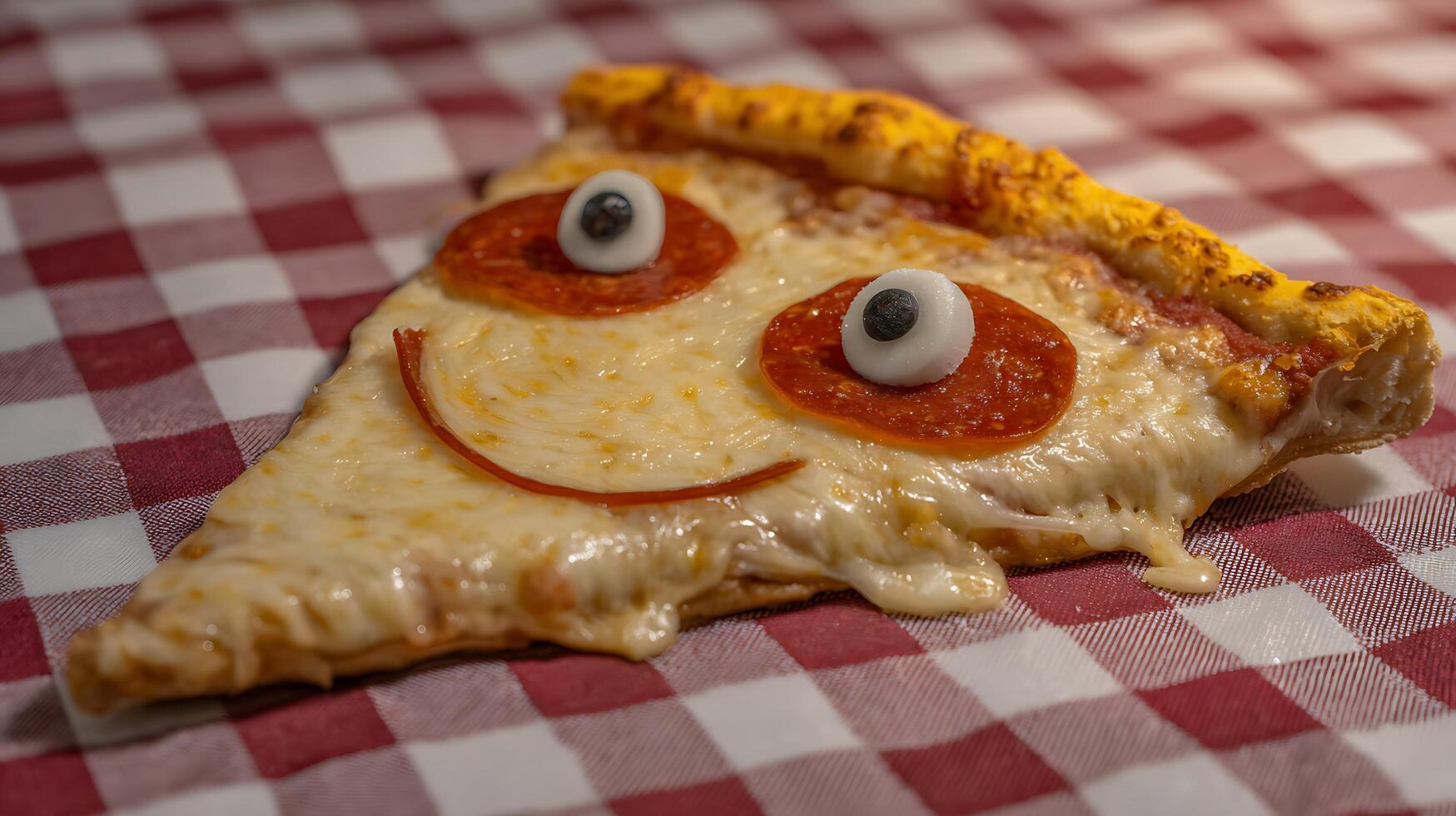 Cheerful Pizza Slice with Googly Eyes on Red Checkered Tablecloth. photo