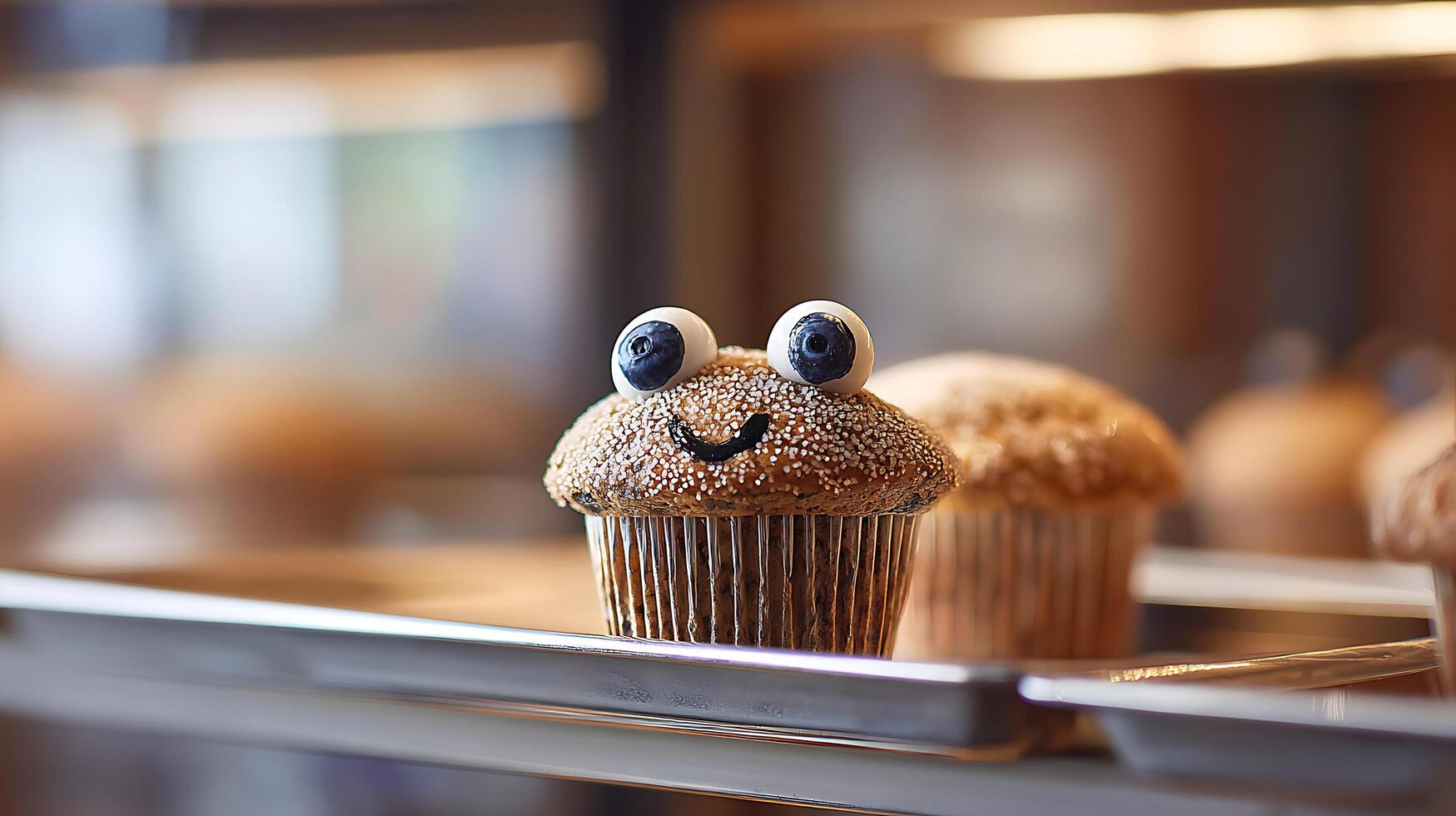 Adorable frog cupcake with blue eyes and a cheerful smile. photo