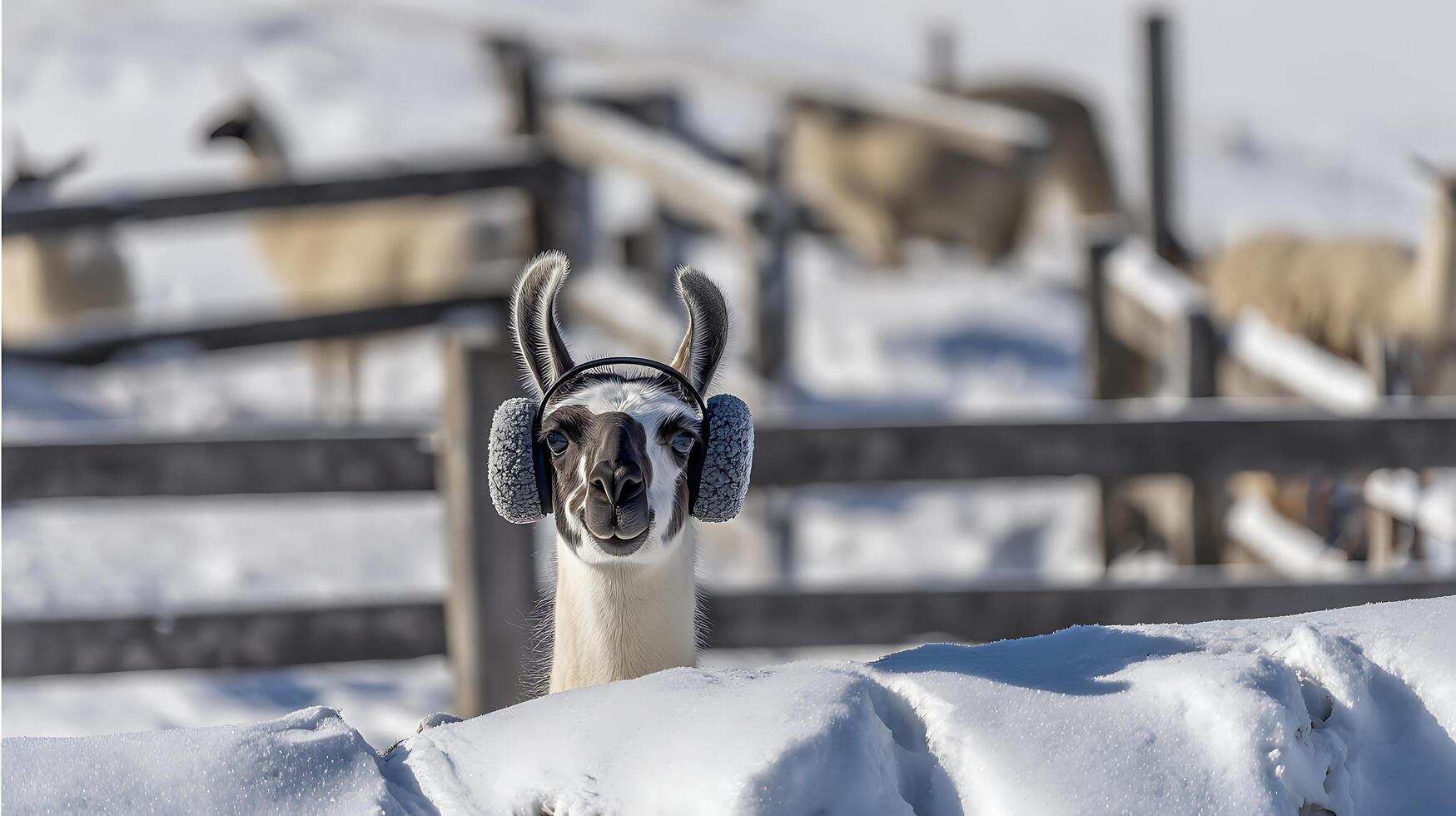 A Cute Llama Wearing Ear Muffs in a Snowy Landscape. photo