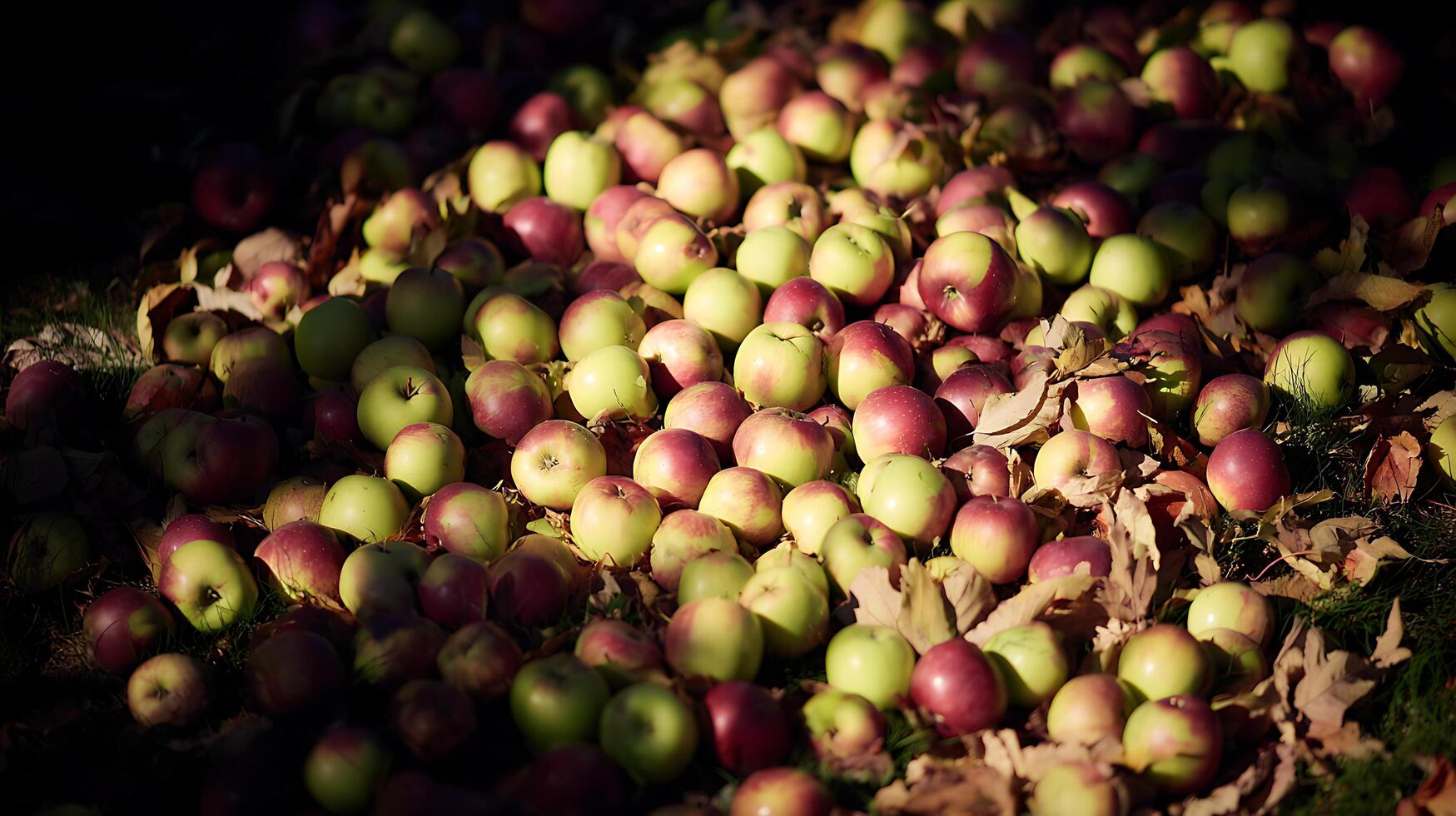 Ripe Apples Fallen on Autumn Leaves in Sunlight. photo