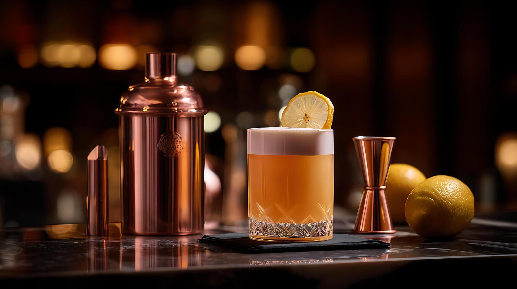 Classic Whiskey Sour Cocktail Ready for Enjoyment in a Dimly Lit Bar. photo