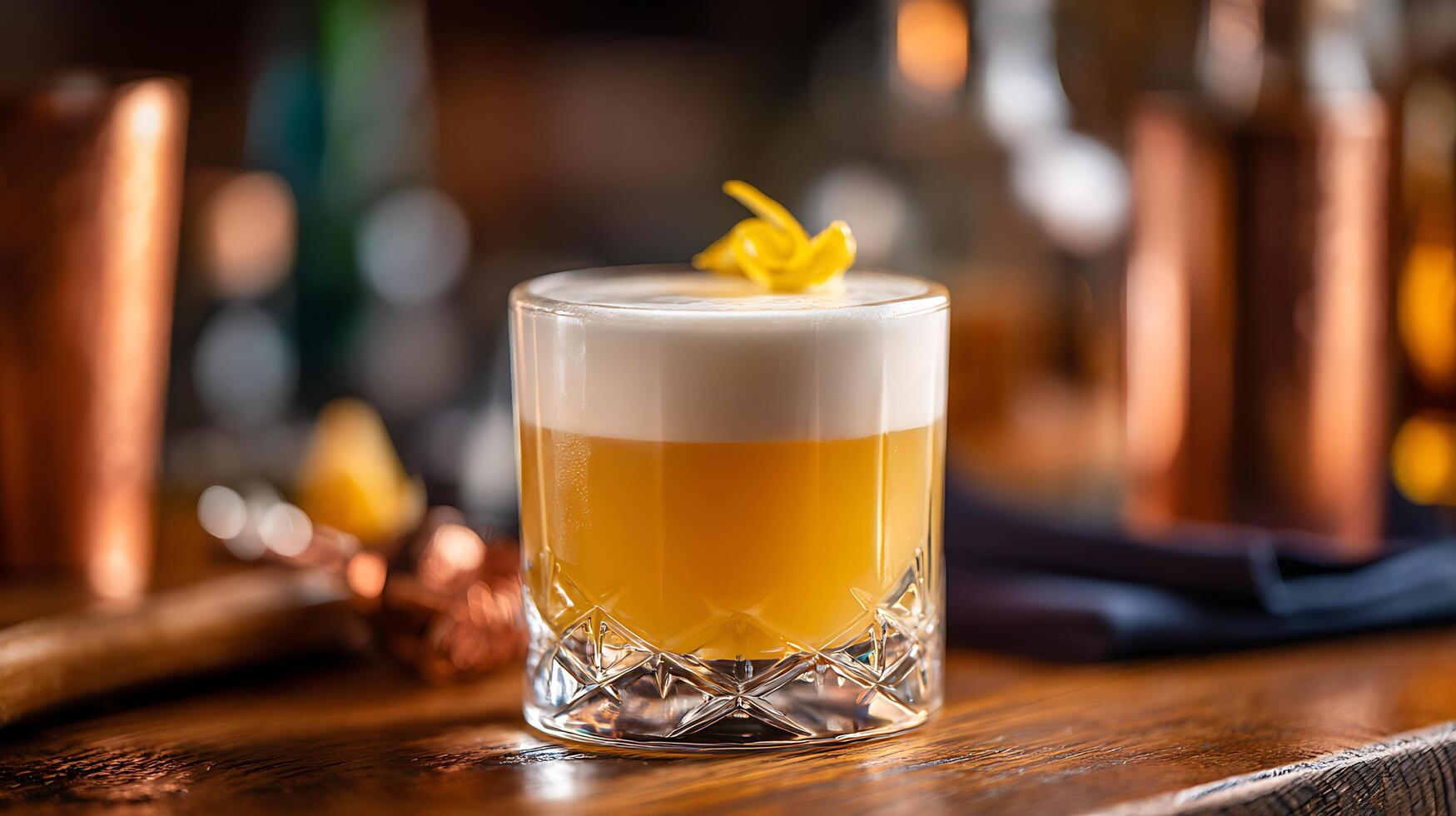 Refreshing Yellow Cocktail with Creamy Foam and Lemon Twist. photo