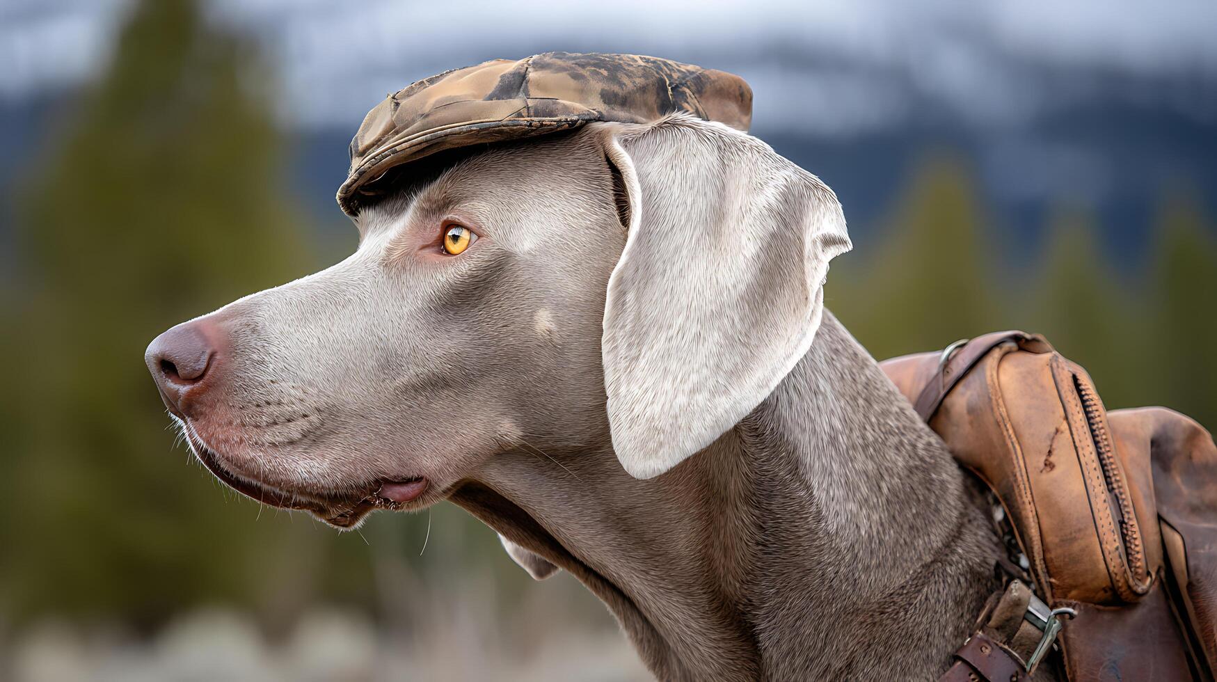 Adventurous Weimaraner Dog With Hunting Hat and Saddle Bag. photo