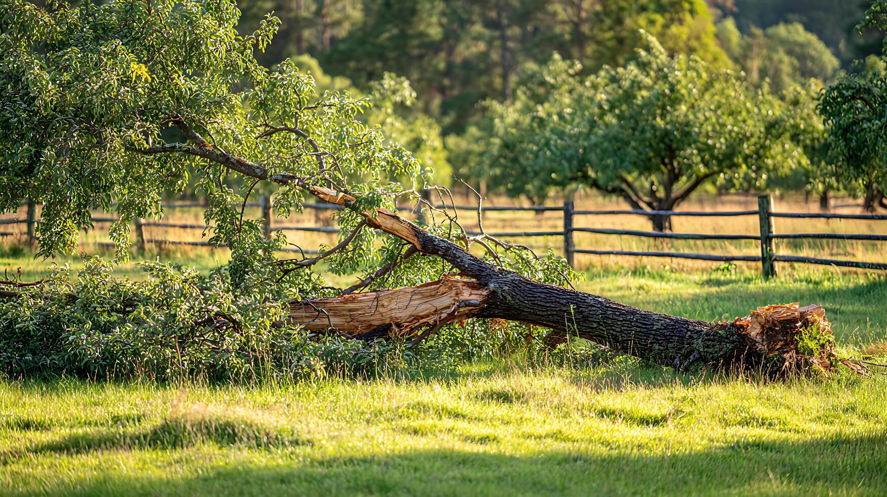 Fallen Tree After Storm in a Picturesque Countryside Setting. photo