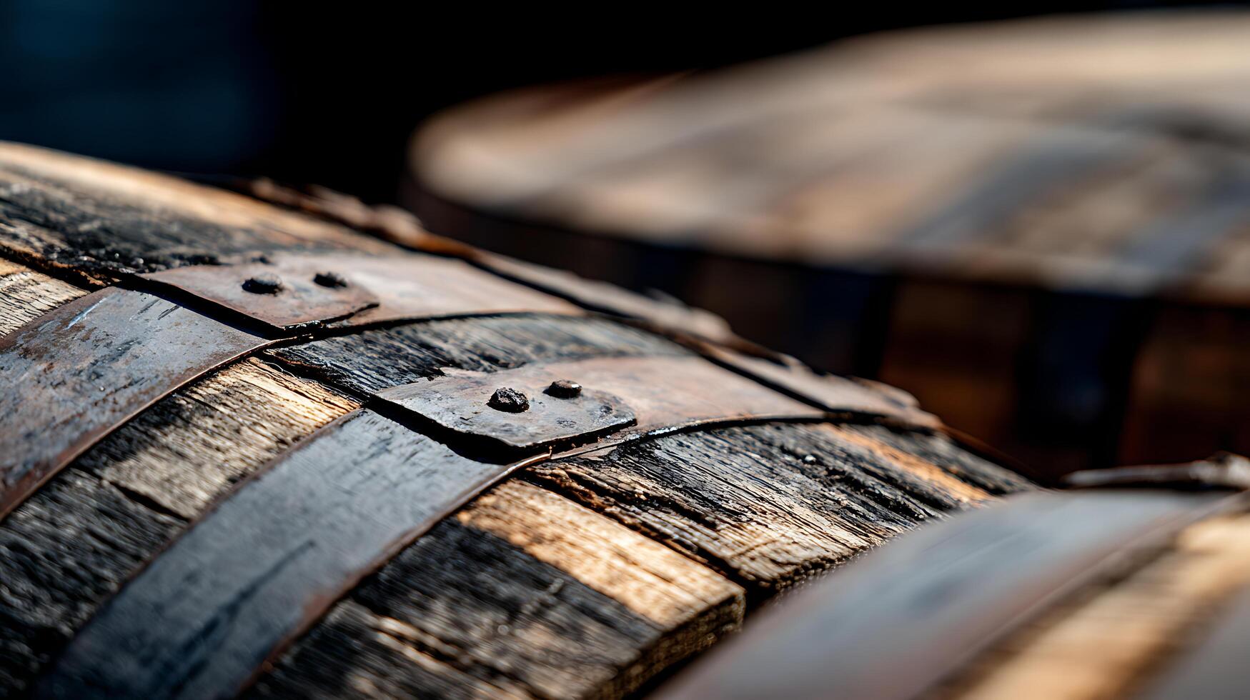 Aged Wooden Barrels with Metal Bands, Aged Texture Close Up. photo