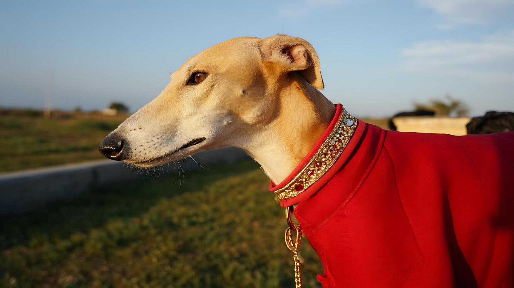 Elegant Hound in Red Regal Attire, Gazing Towards the Horizon. photo