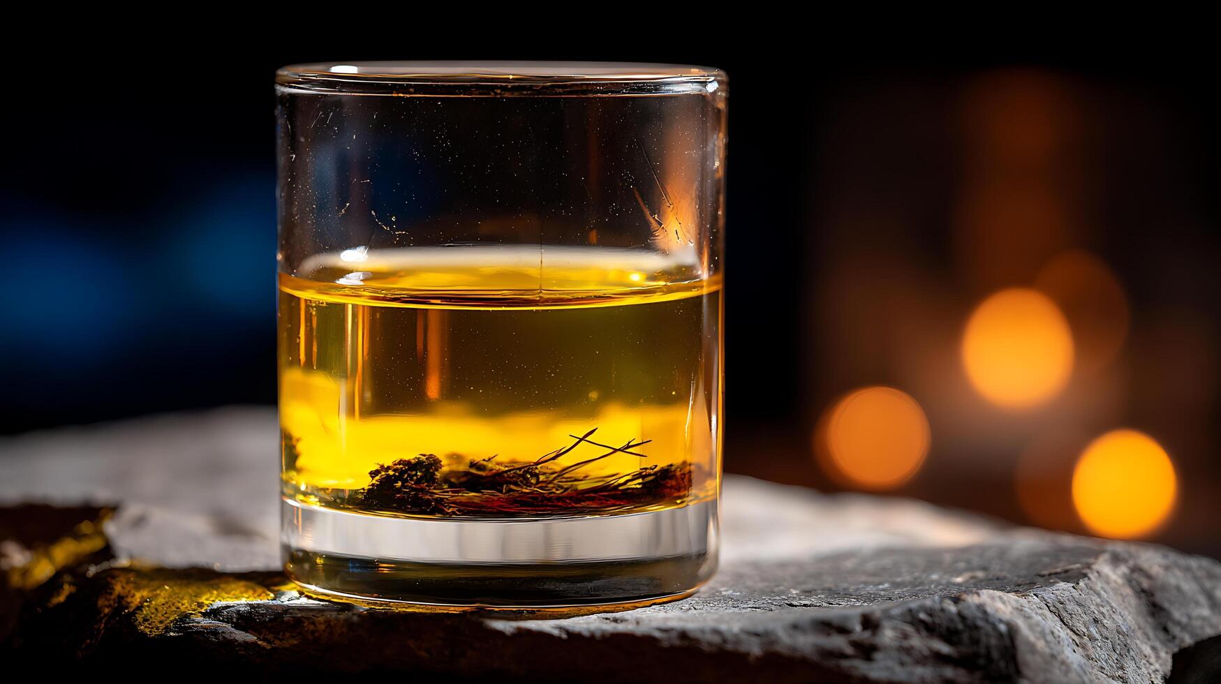 A Glass of Golden Liquid with Herbs on a Rustic Surface. photo