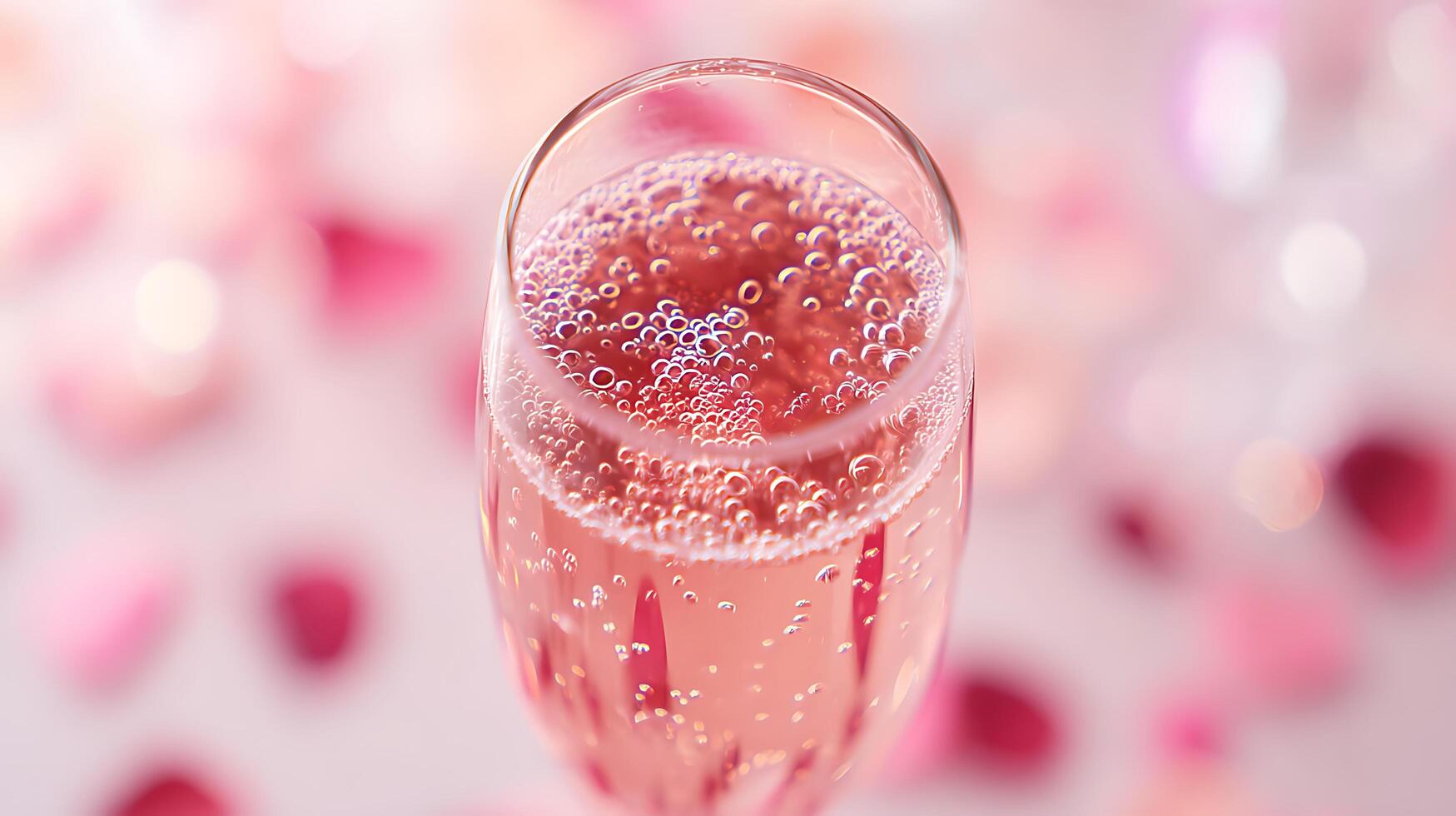 Sparkling Pink Beverage with Bubbles and Soft Focus Petals. photo