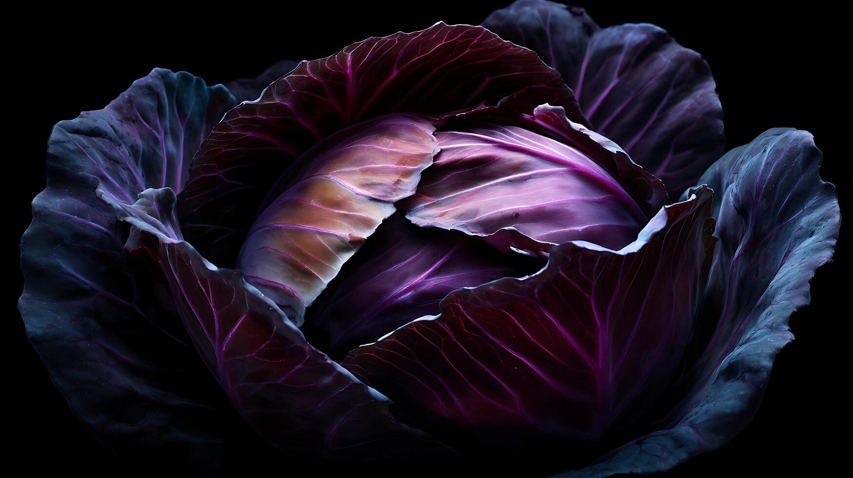 Vibrant Red Cabbage Center Unveiled in Dark Dramatic Light. photo