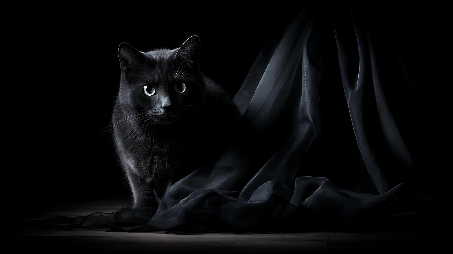 Mysterious Black Cat With Striking Green Eyes Emerging From Shadowy Fabric. photo