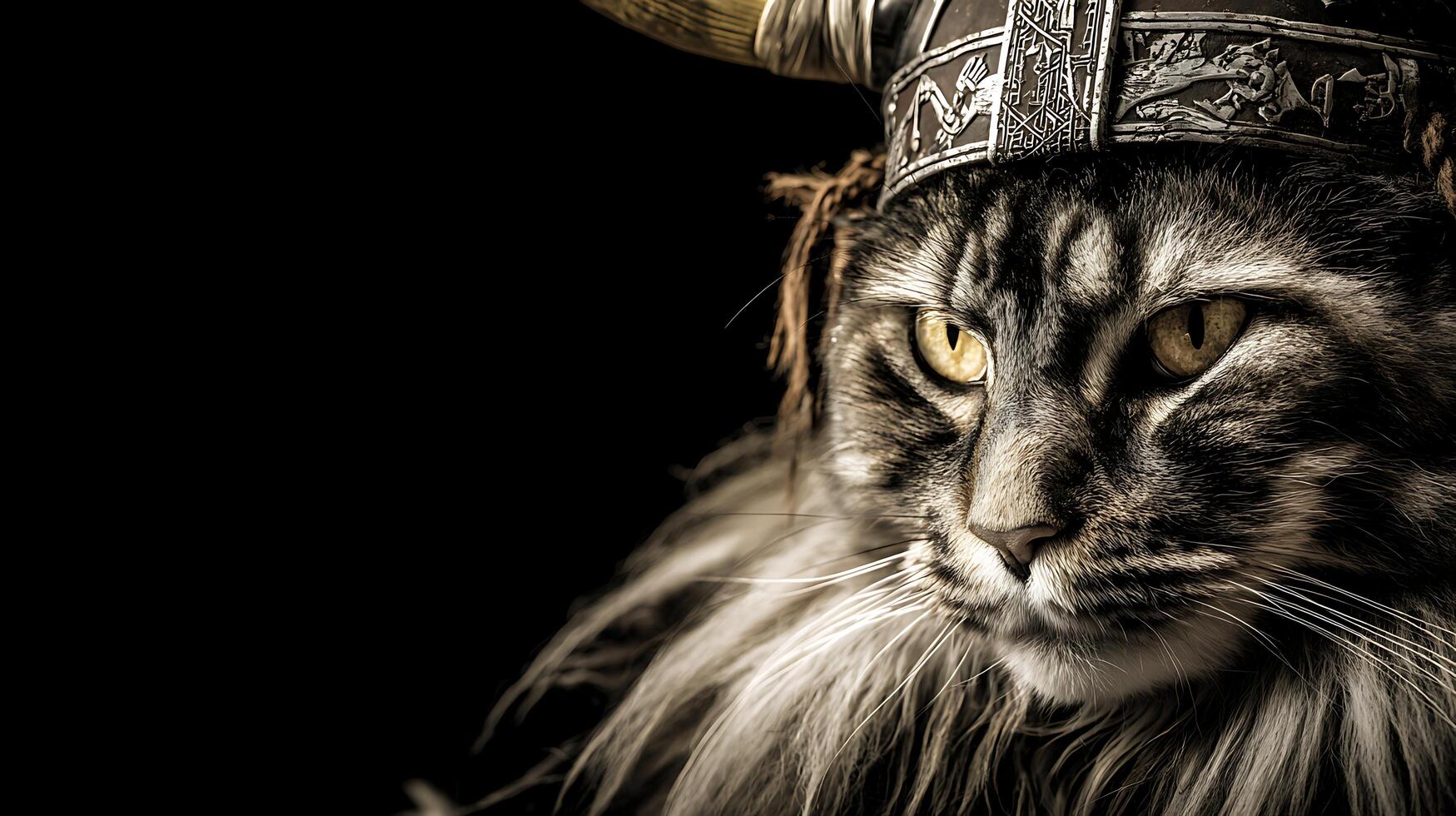 Majestic Maine Cat Wearing a Viking Helmet with Fierce Eyes. photo