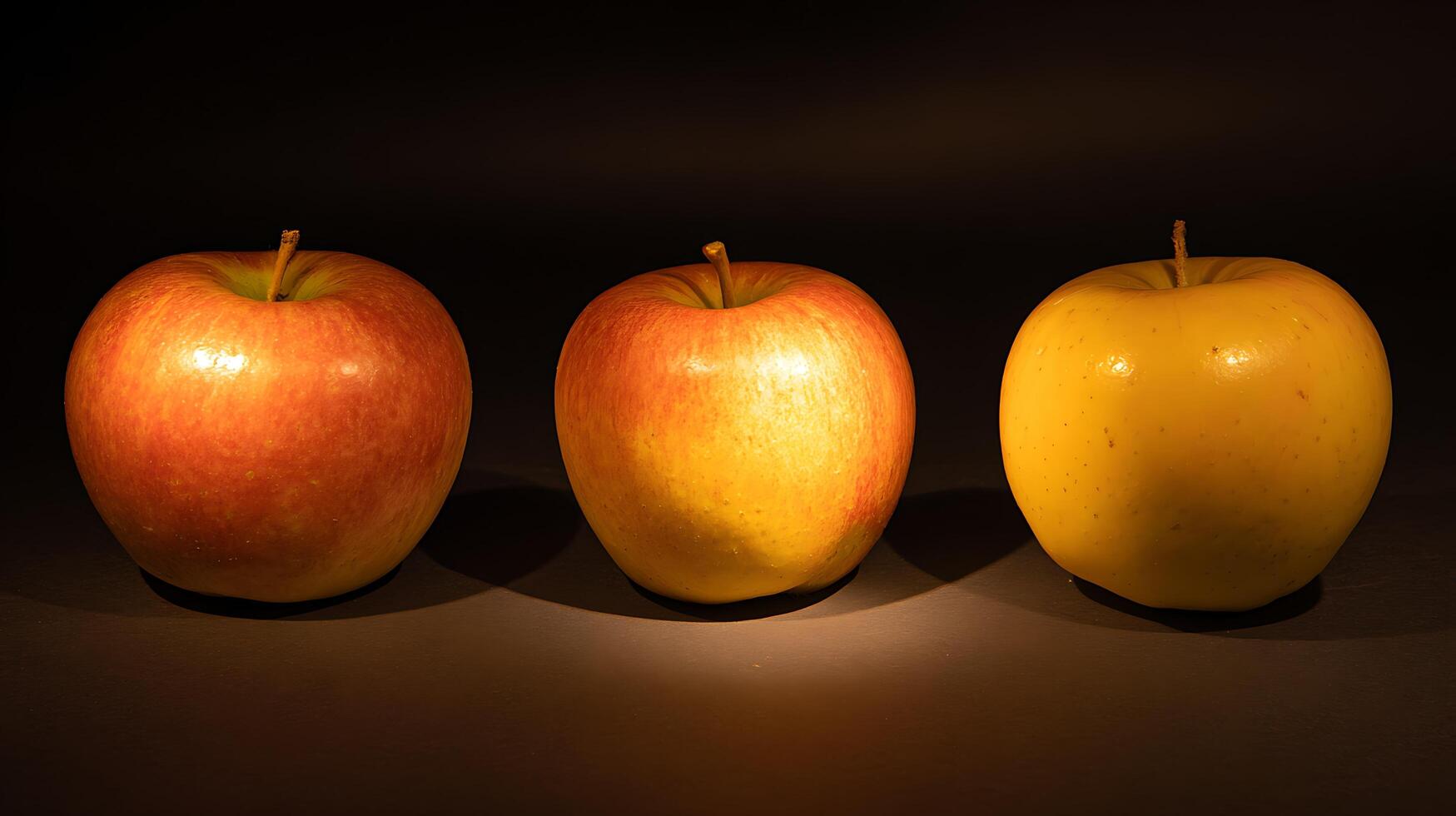 Three fresh apples arranged with dramatic lighting against a dark background. photo