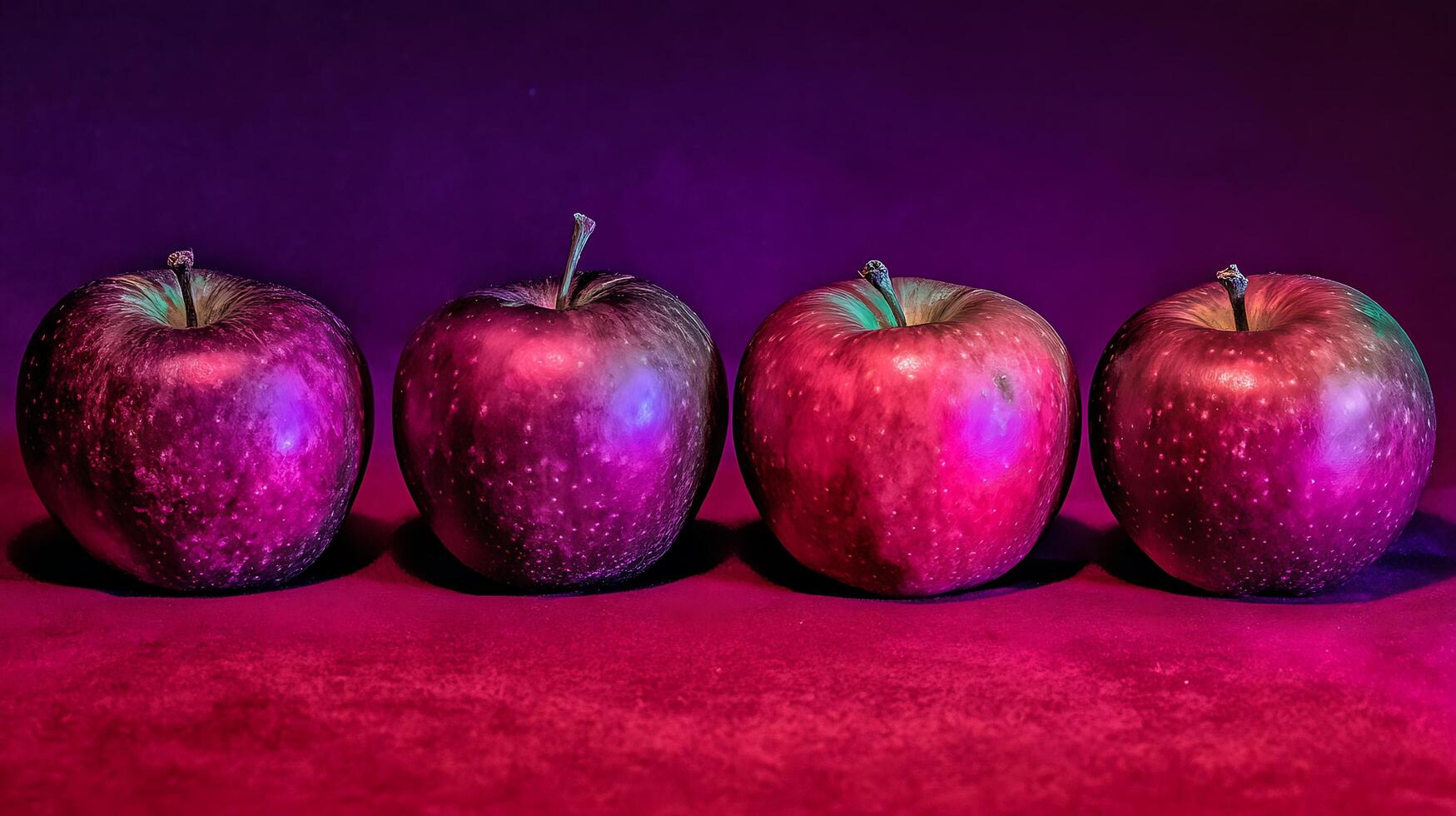 Four Red Apples Glowing Under Bold Purple and Pink Lights. photo