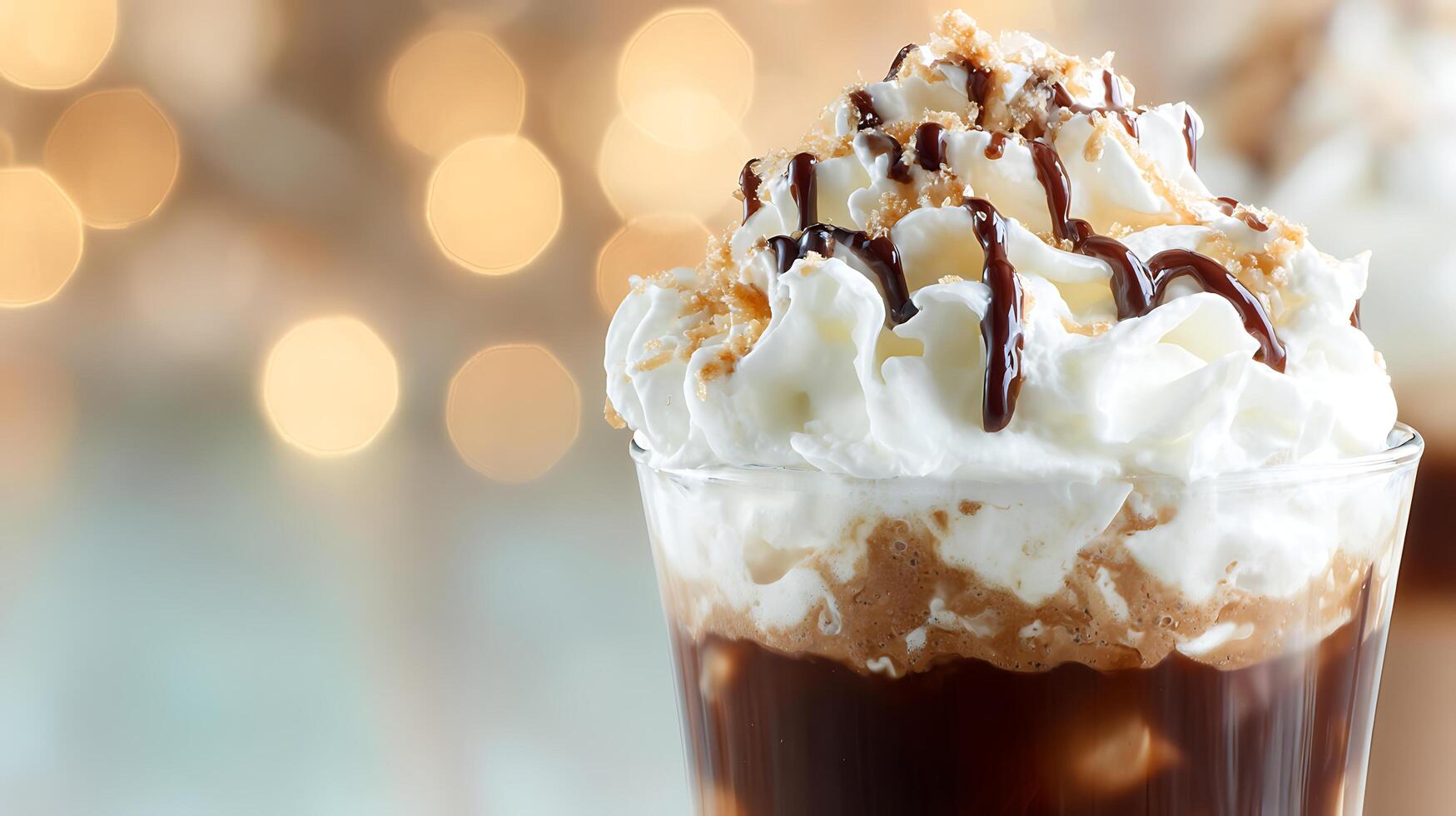 Indulgent Chocolate Drizzle Whipped Cream Drink With Bokeh Lights. photo
