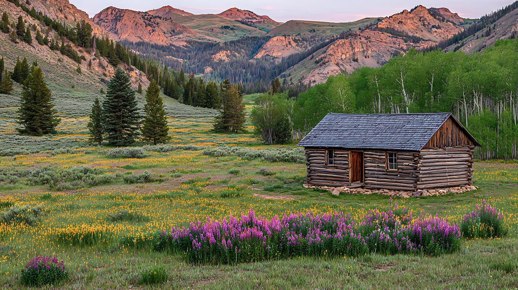 Rustic Cabin Nestled Amidst a Vibrant Wildflower Meadow at Sunset. photo