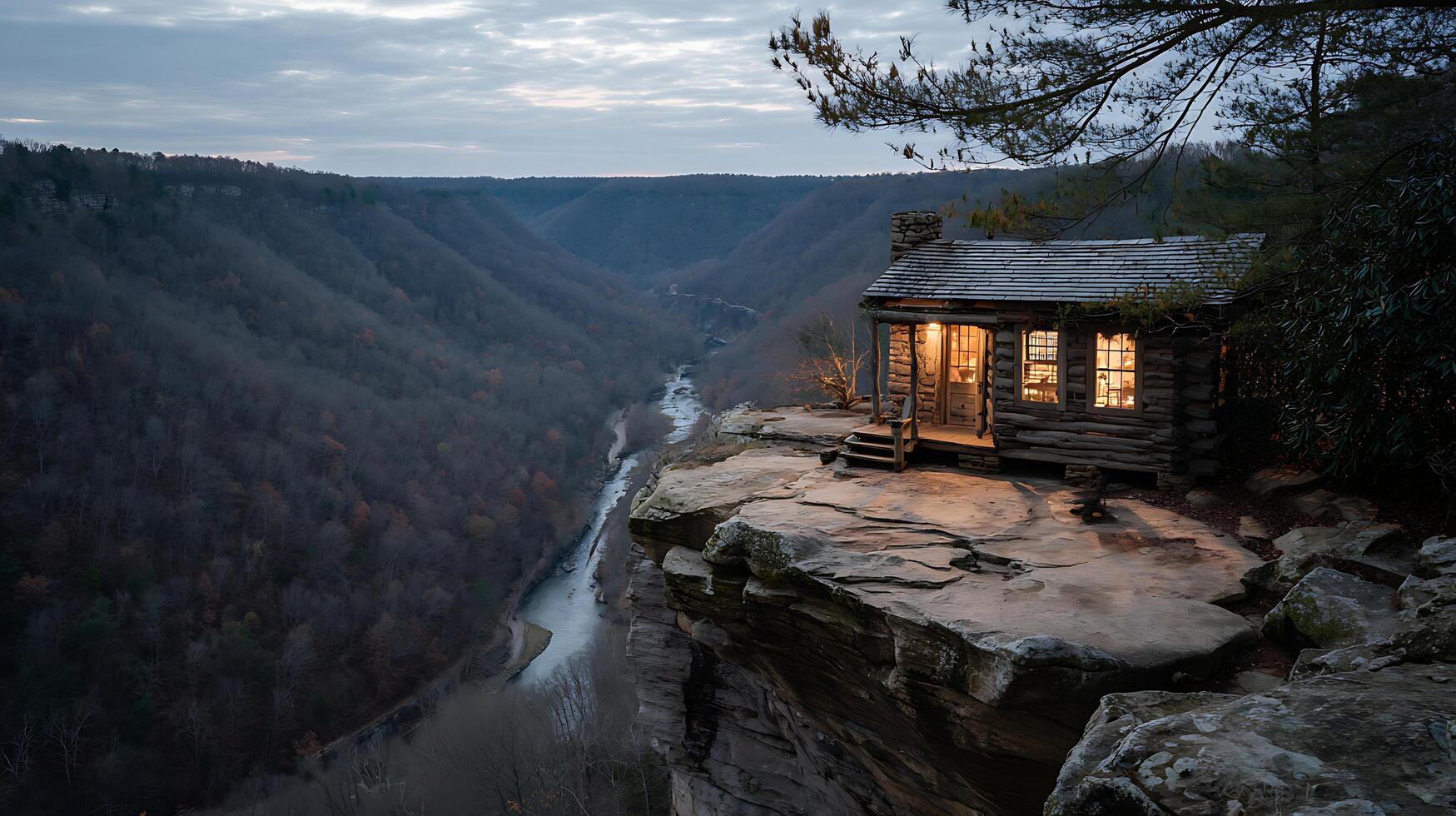 Cozy cabin on cliff overlooking misty valley at twilight. photo