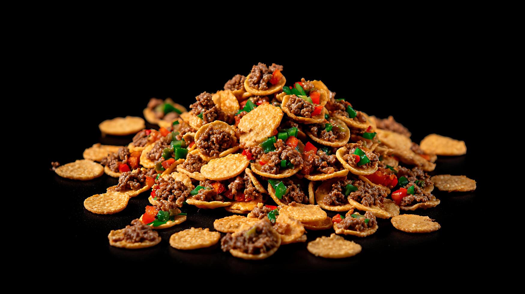 Delicious Mini Taco Bites with Beef and Peppers on Black Background. photo