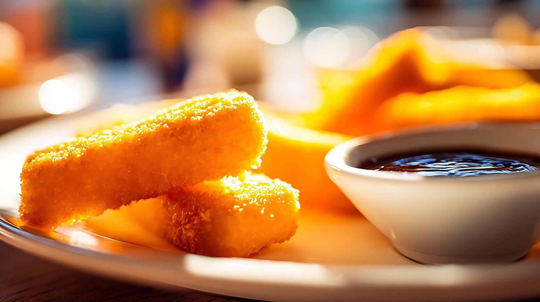 Golden Fried Mozzarella Sticks with Dipping Sauce and Bokeh Lights. photo