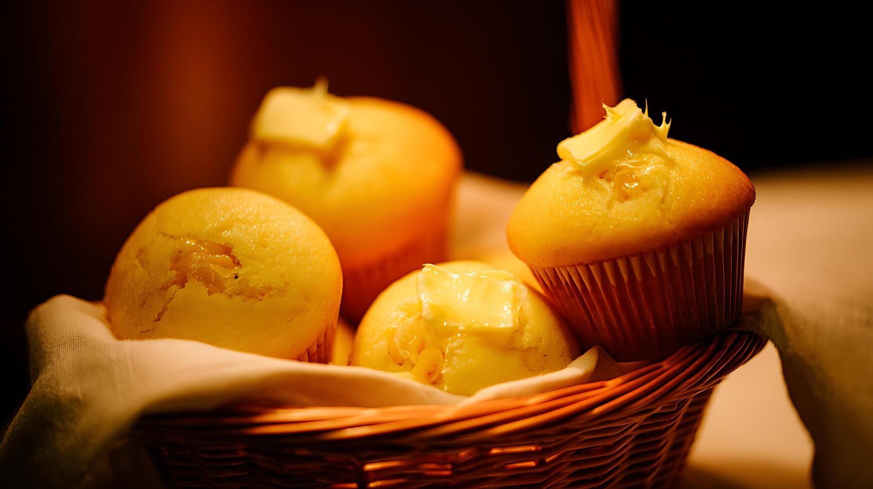 Warm Basket of Fresh Muffins with Melted Butter. photo