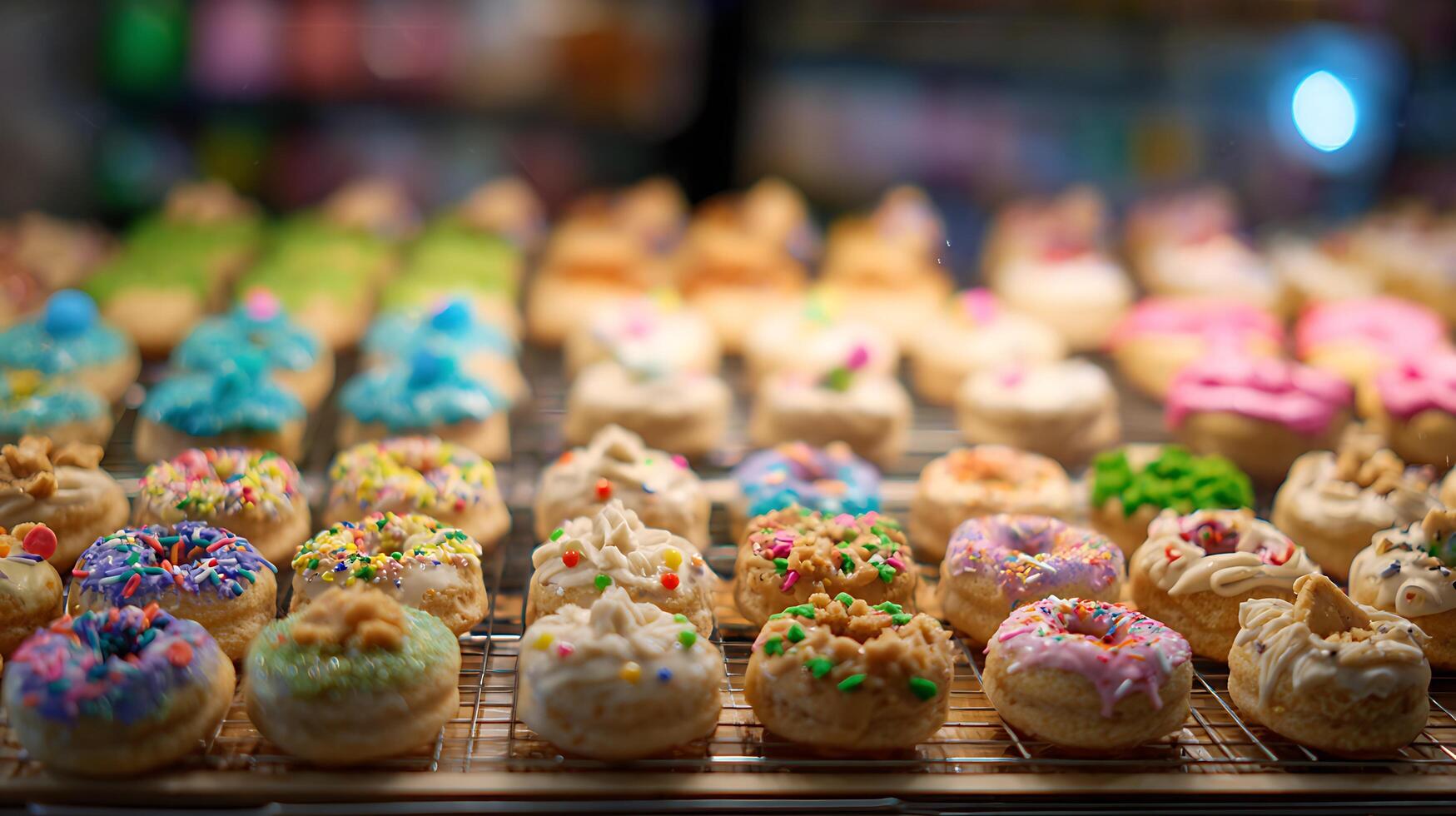 A Colorful Display of Delicious Doughnuts on a Cooling Rack. photo