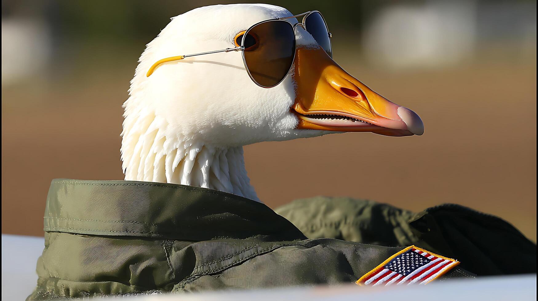 Cool Goose Wearing Aviator Sunglasses and Military Jacket with American Flag. photo
