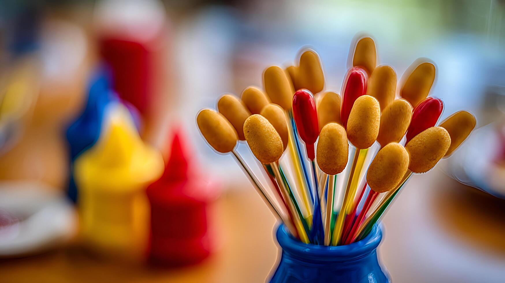 Colorful Balloon Sticks in a Blue Vase with Soft Focus Background. photo