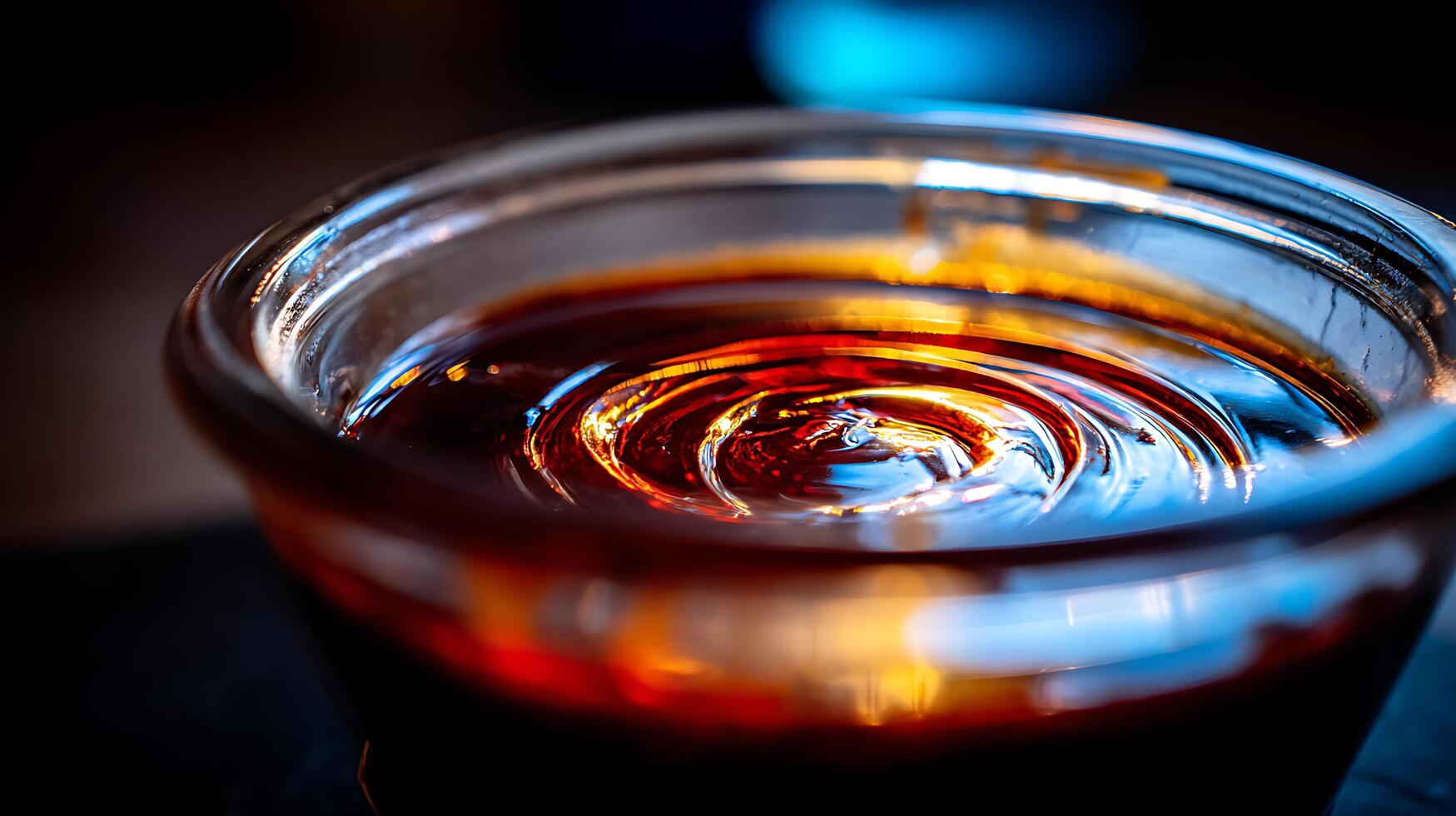 Close up abstract swirl of amber liquid in a glass with colorful reflections. photo