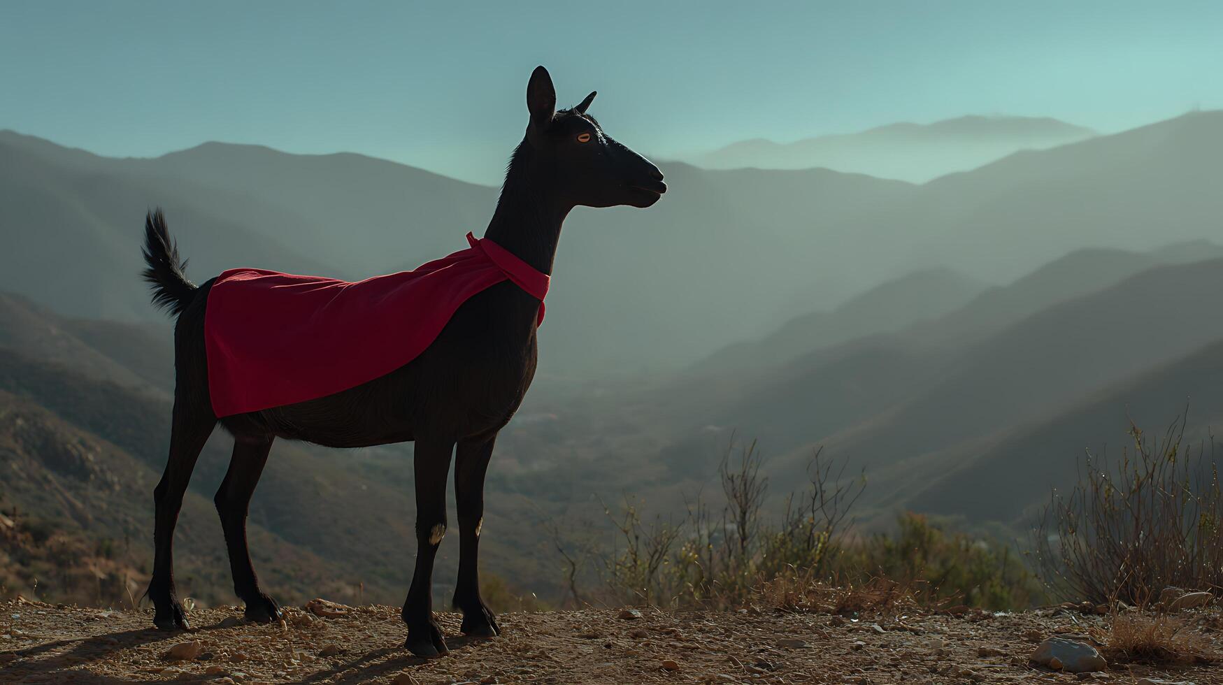 Black goat with red cape stands on hilltop looking out at mountains. photo