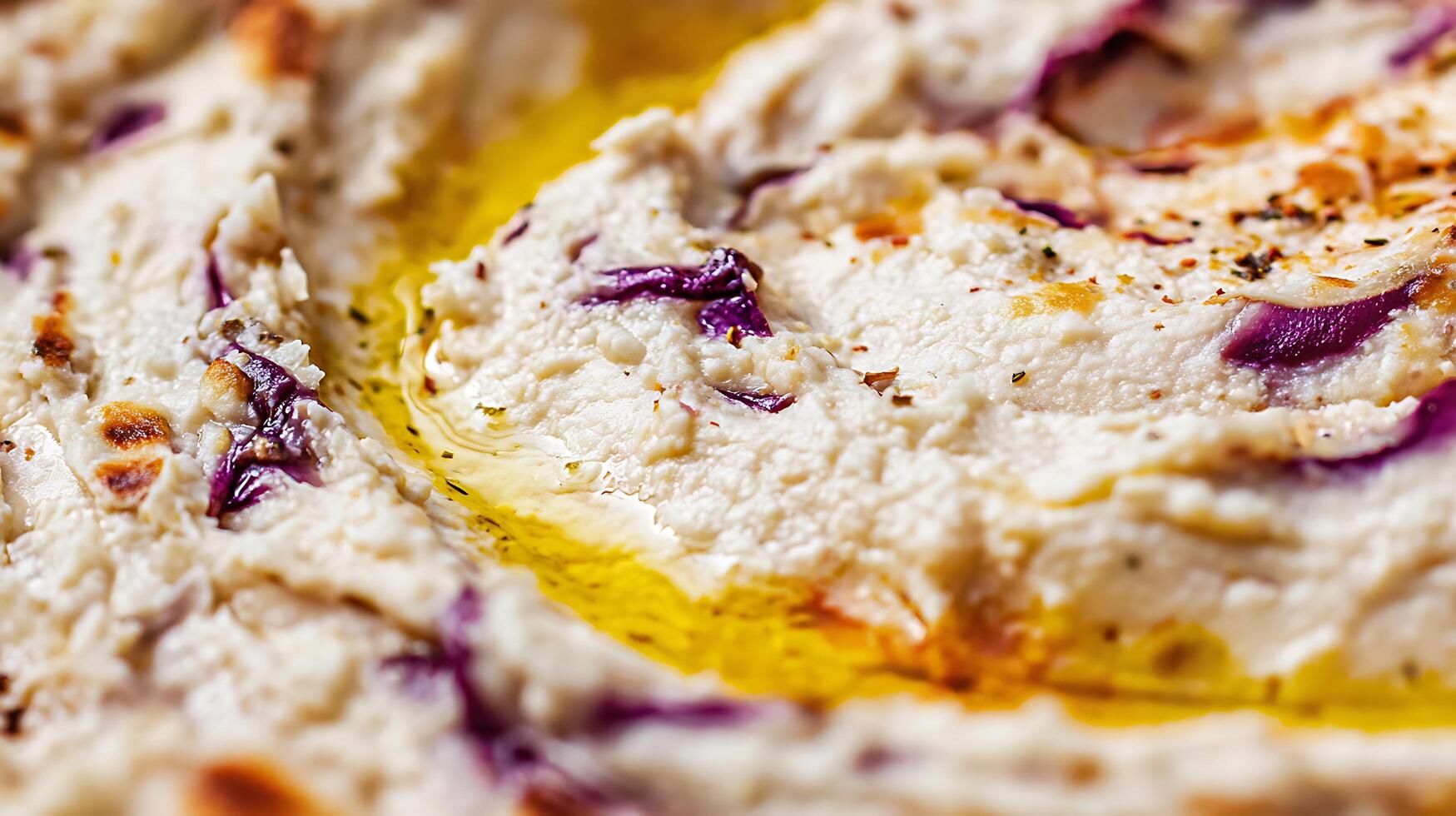 Creamy Hummus Swirl with Olive Oil and Purple Cabbage Close Up. photo