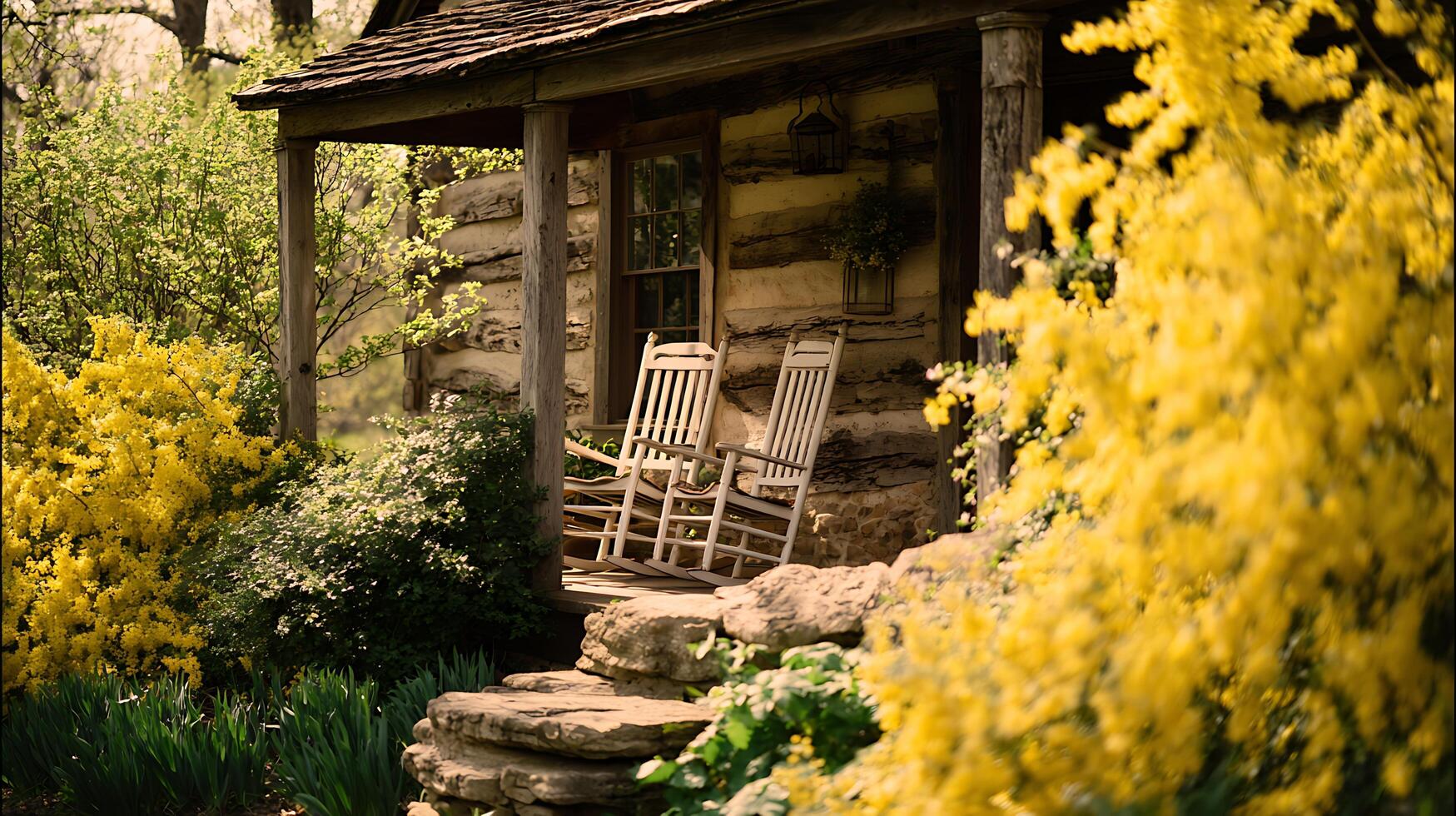 Cozy Rocking Chairs on a Porch Surrounded by Spring Blooms. photo