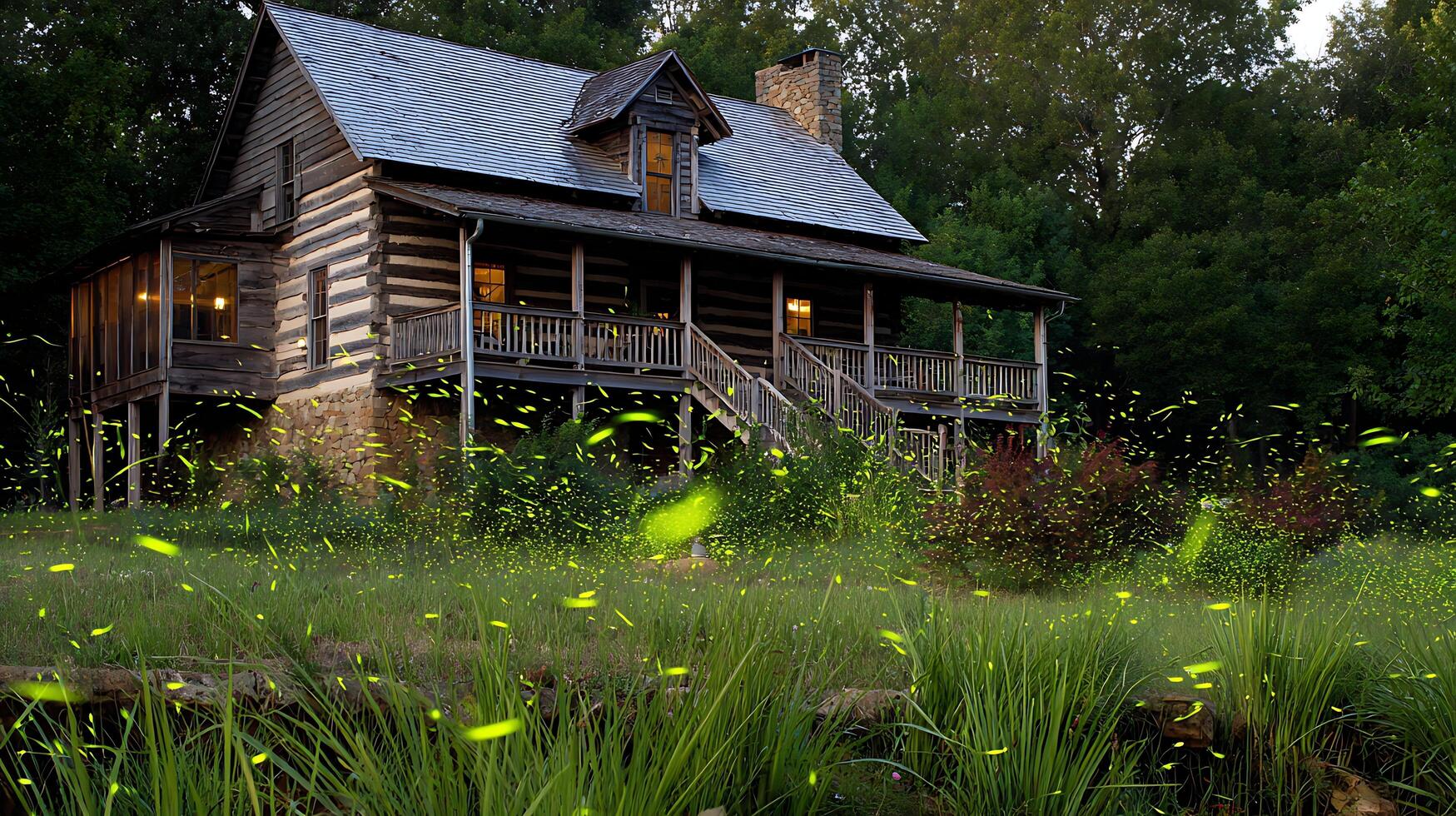 Enchanted Evening Fireflies Dance Around a Rustic Log Cabin. photo