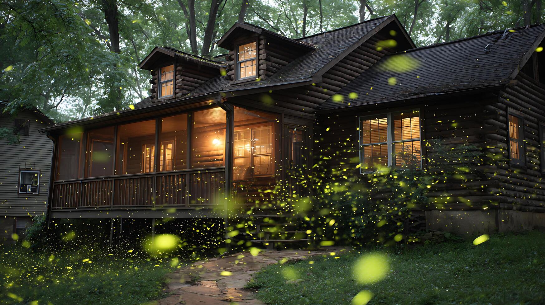 Enchanted Forest Cabin Glows with a Thousand Fireflies at Dusk photo
