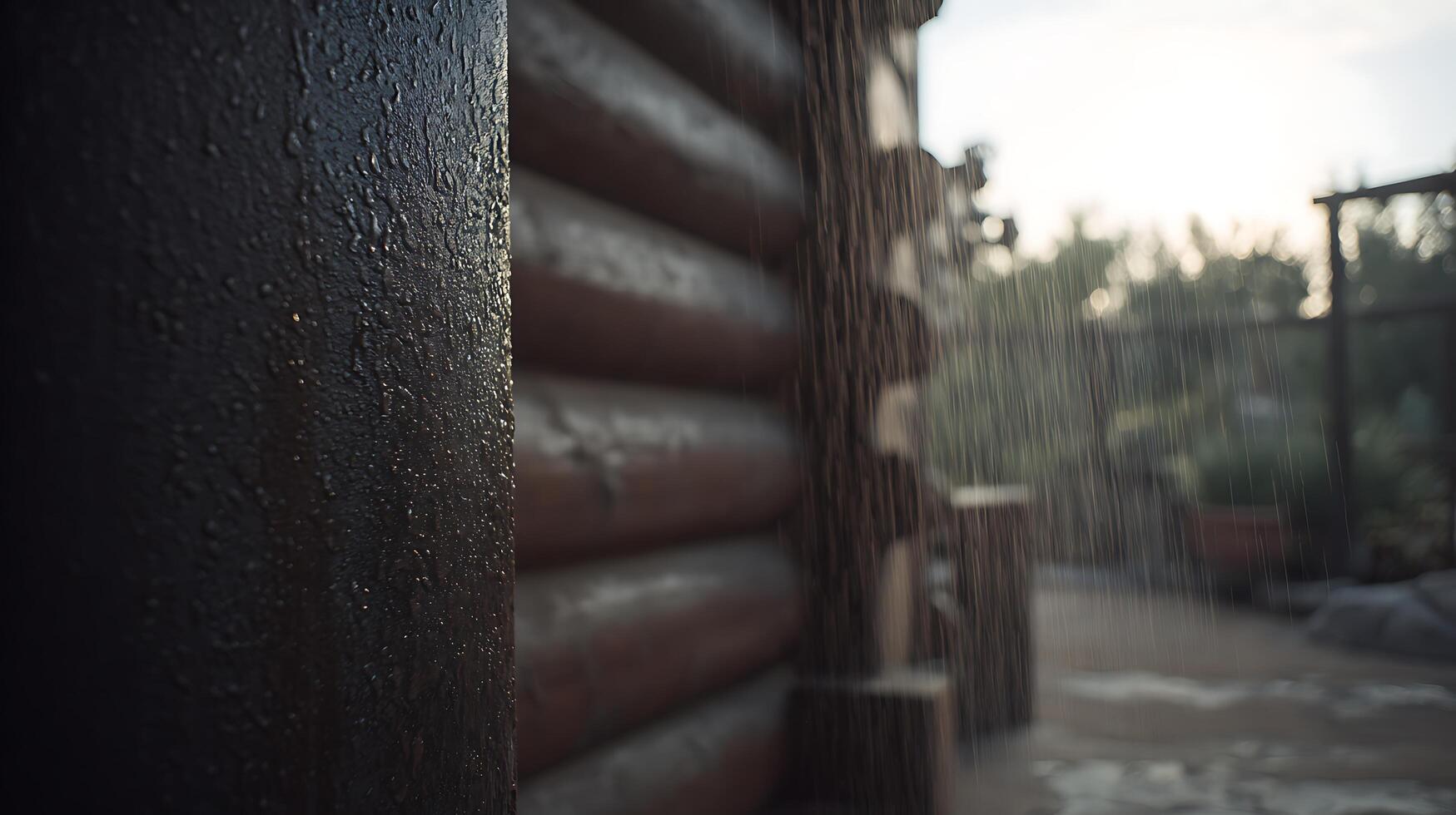 Water droplets on wood logs with soft outdoor lighting. photo
